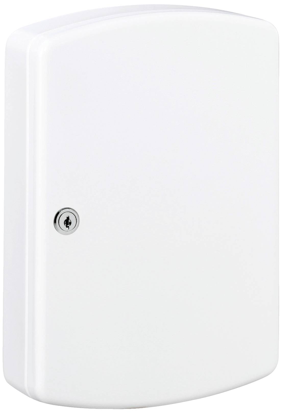Ein weißes, rechteckiges Sicherheitsgehäuse mit einer Schlüsseleinführung auf der linken Seite zur Zugangskontrolle.