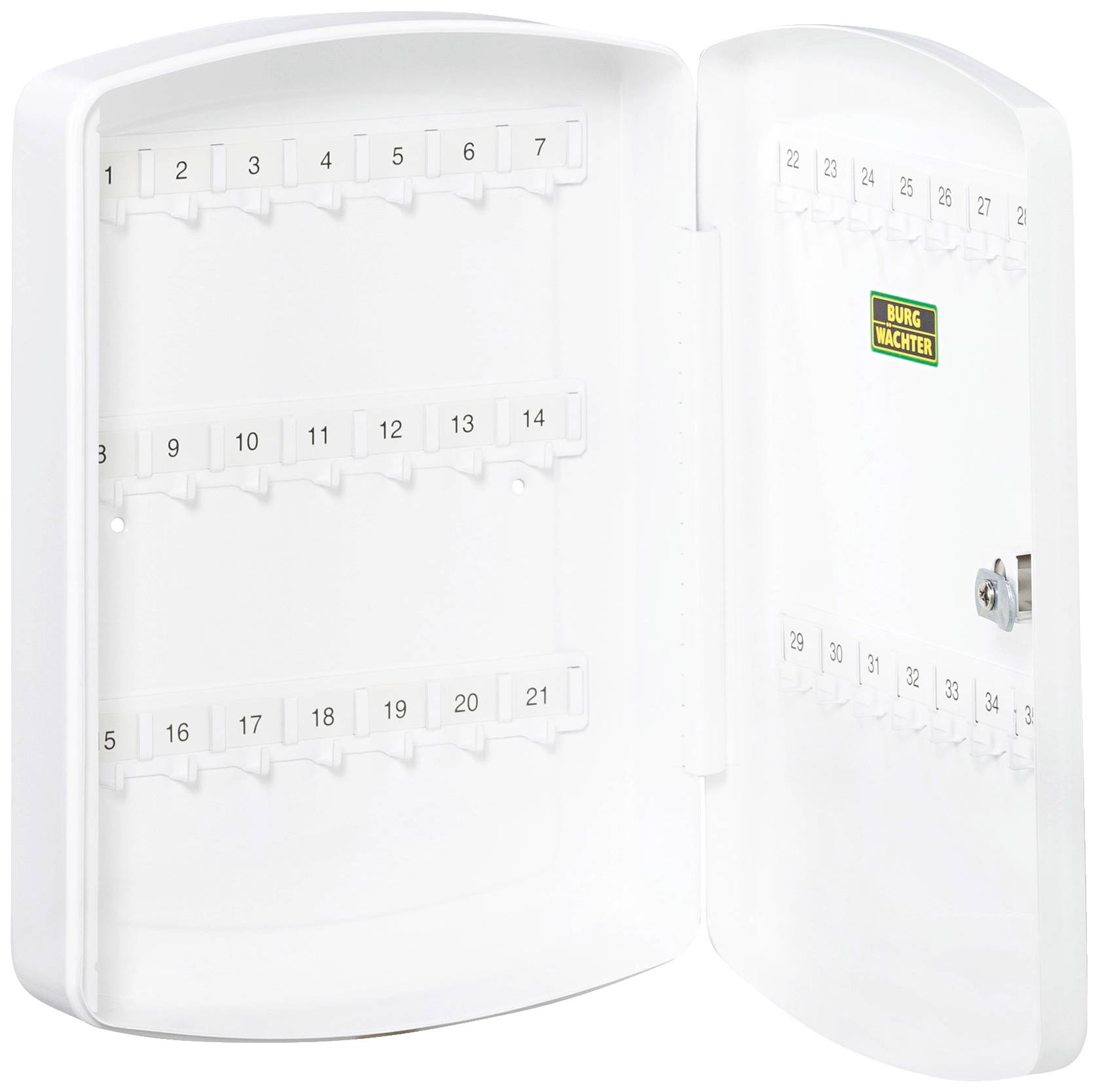 Weiße Schlüsselkassette von Burg Wächter mit 48 nummerierten Haken zur sicheren Aufbewahrung von Schlüsseln. Tür ist offen.