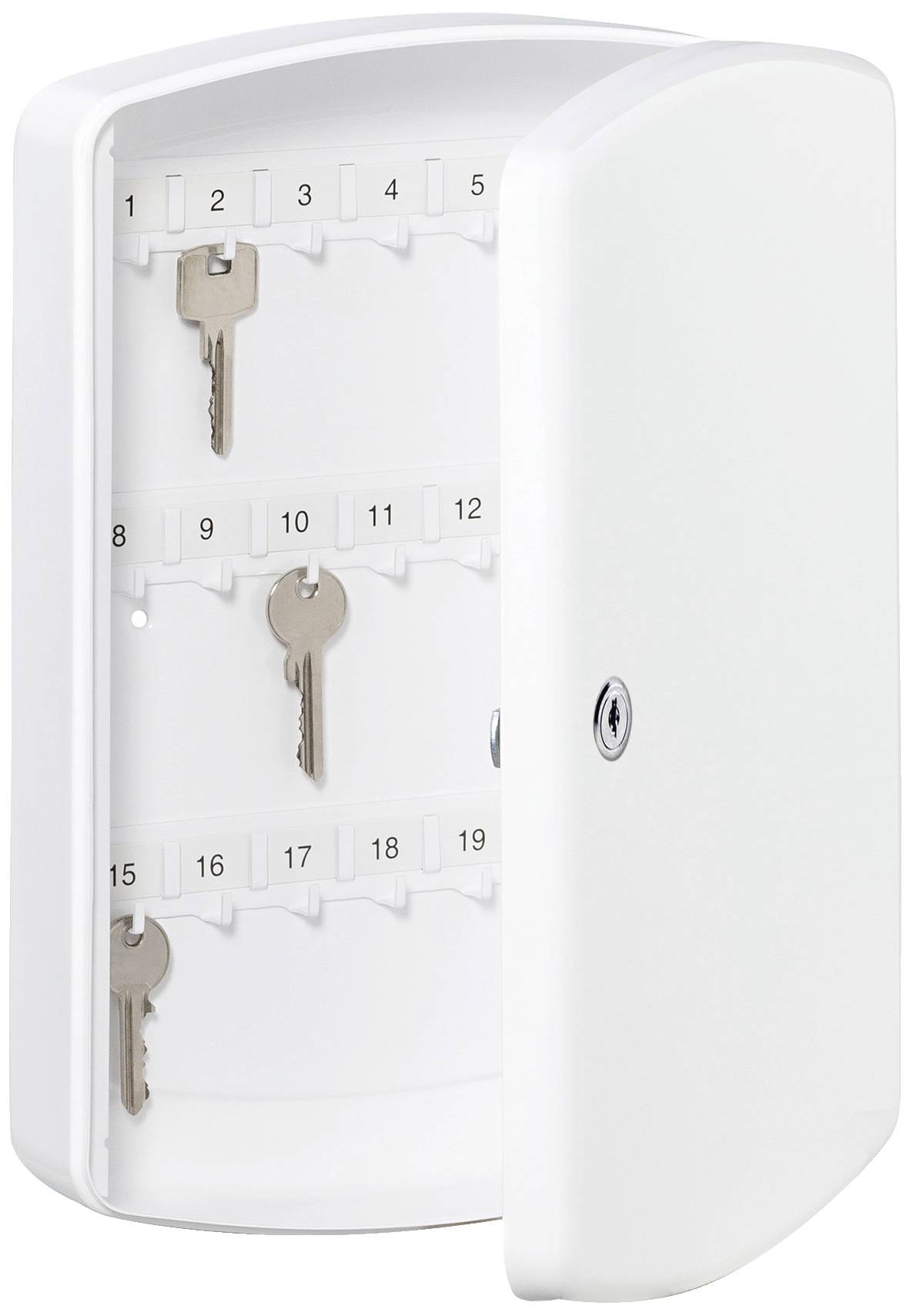 Ein geöffneter weißer Schlüsselkasten mit vier nummerierten Haken und drei eingehängten Schlüsseln.