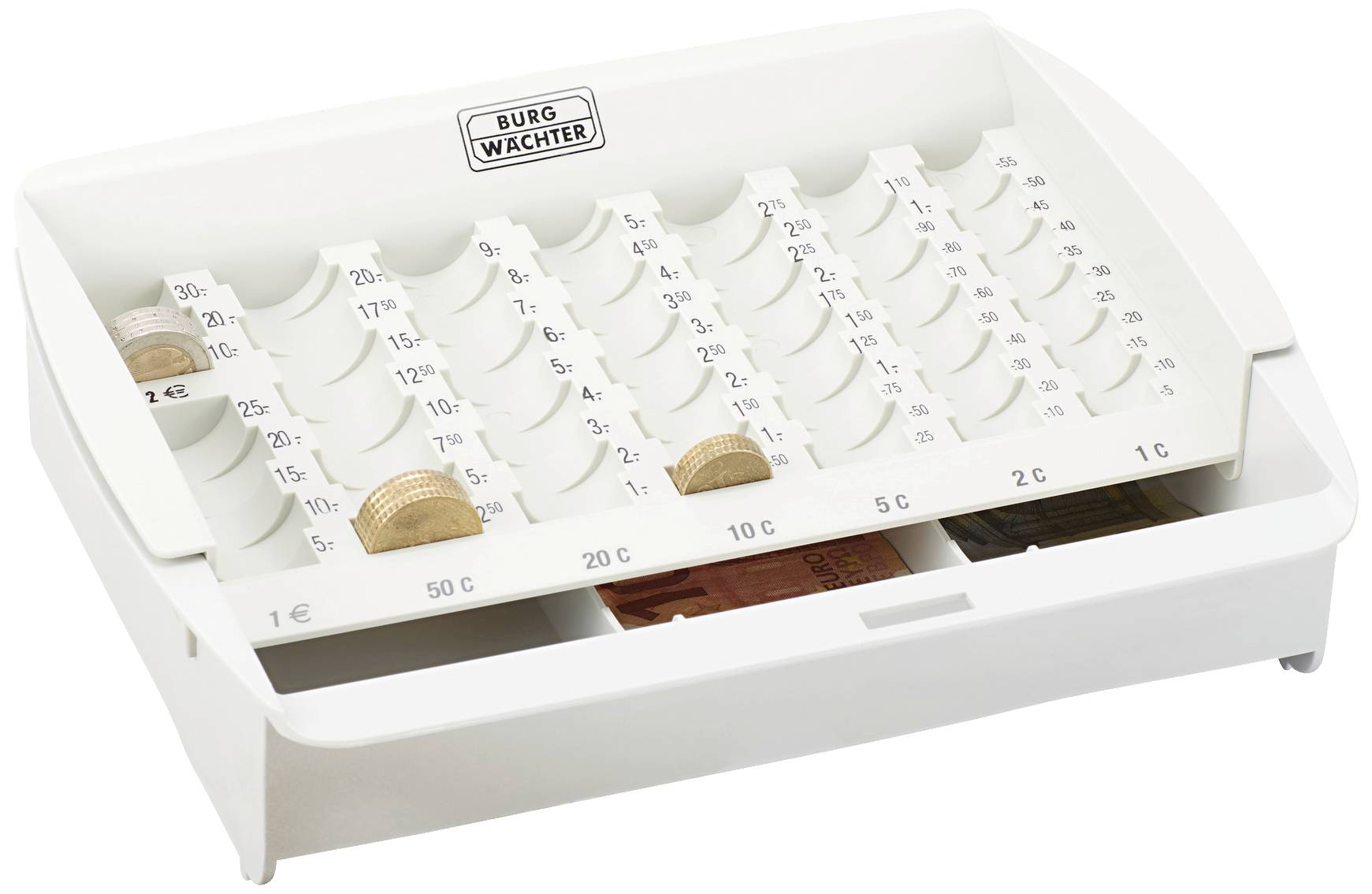 Eine Münzzählkasse mit Fächern für verschiedene Euro-Münzen von 1 Cent bis 2 Euro. Einige Fächer enthalten Münzen.