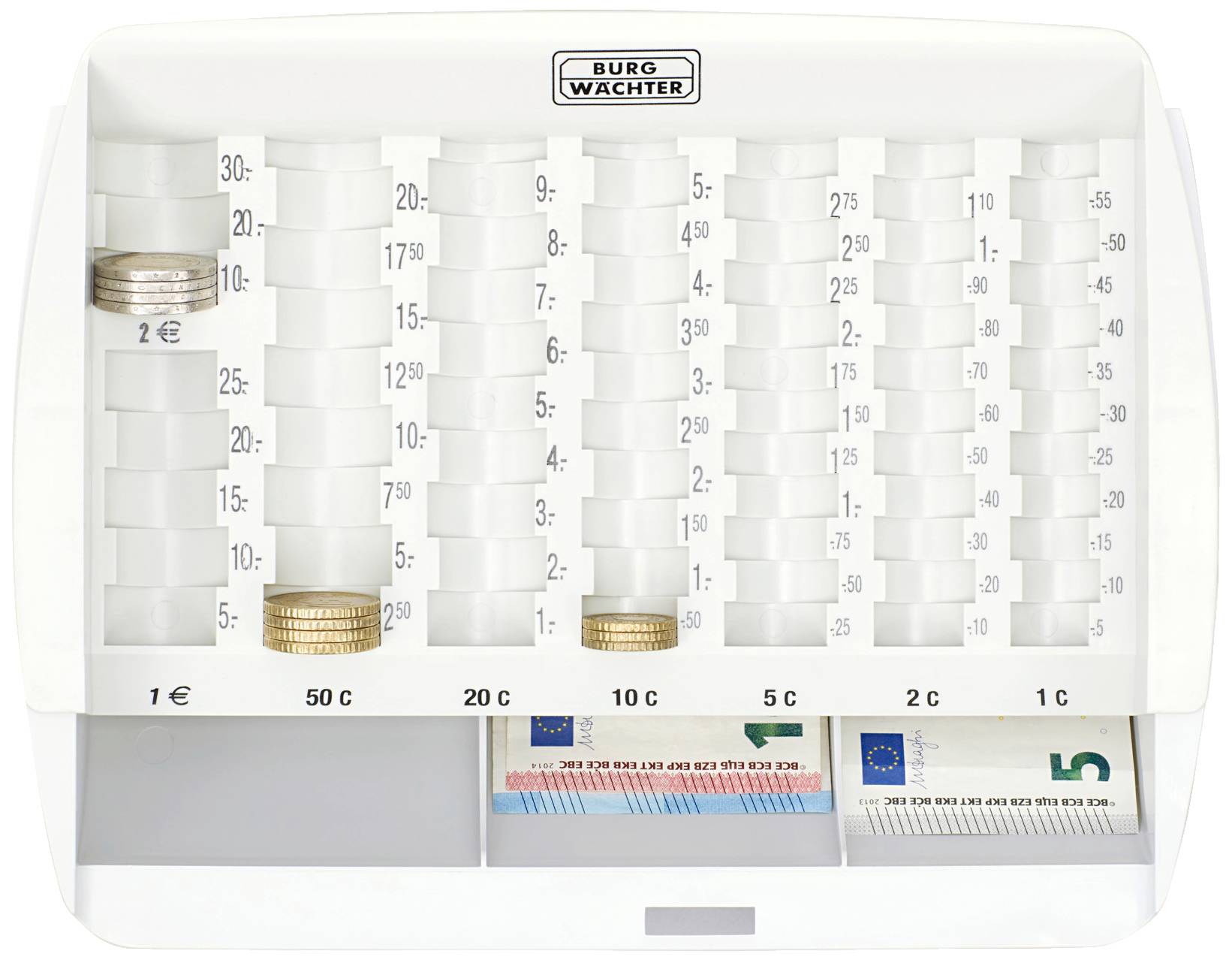 Münzsortierer mit Fächern für Euro-Münzen von 1 Cent bis 2 Euro, einige Münzen platziert. Schublade unten mit vier 5-Euro-Scheinen.