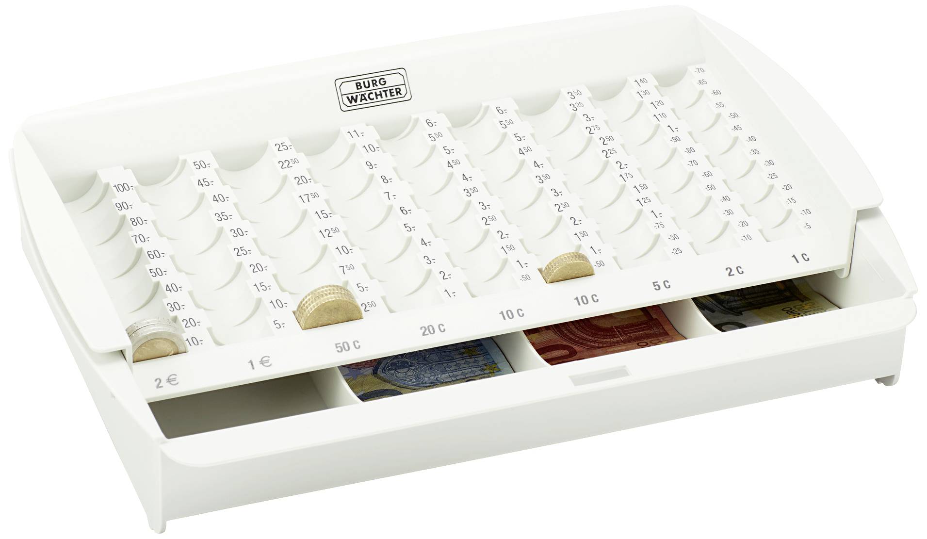 Münzzählbrett mit Fächern für Euro-Münzen und Scheine, zeigt verschiedene Münzsorten in geordneten Reihen.