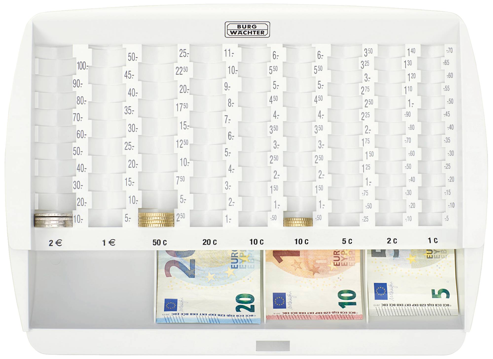 Geldkassette mit Münzfächern für 2-Euro- bis 1-Cent-Münzen und Papiergeldfach mit 20- und 50-Euro-Scheinen.