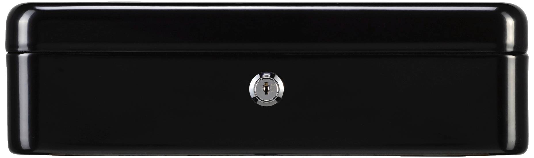 Ein schwarzer metallener Kasten mit Schlüsselloch in der Mitte.