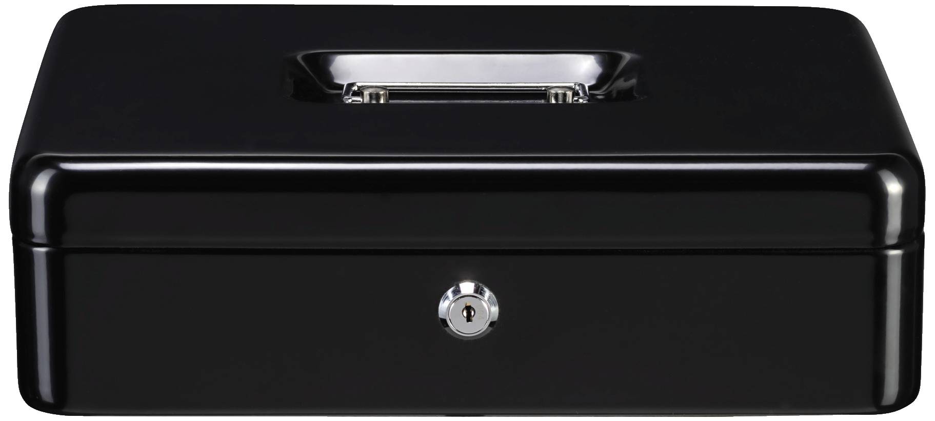 Eine verschlossene schwarze Geldkassette mit einem Griff oben und einem Schloss vorne.