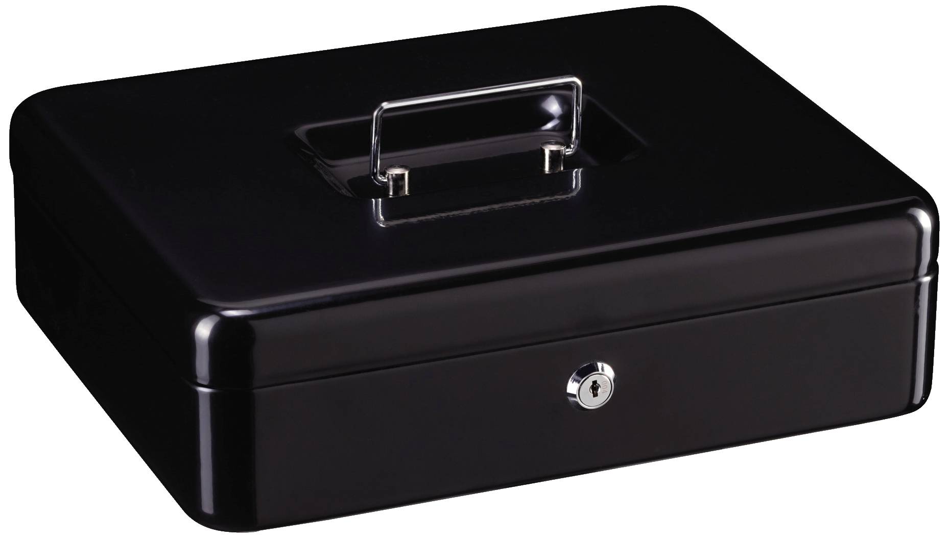 Schwarze Geldkassette mit Tragegriff und Schloss, aufgeschlossene Position. Sie ist zur sicheren Aufbewahrung von Bargeld geeignet.