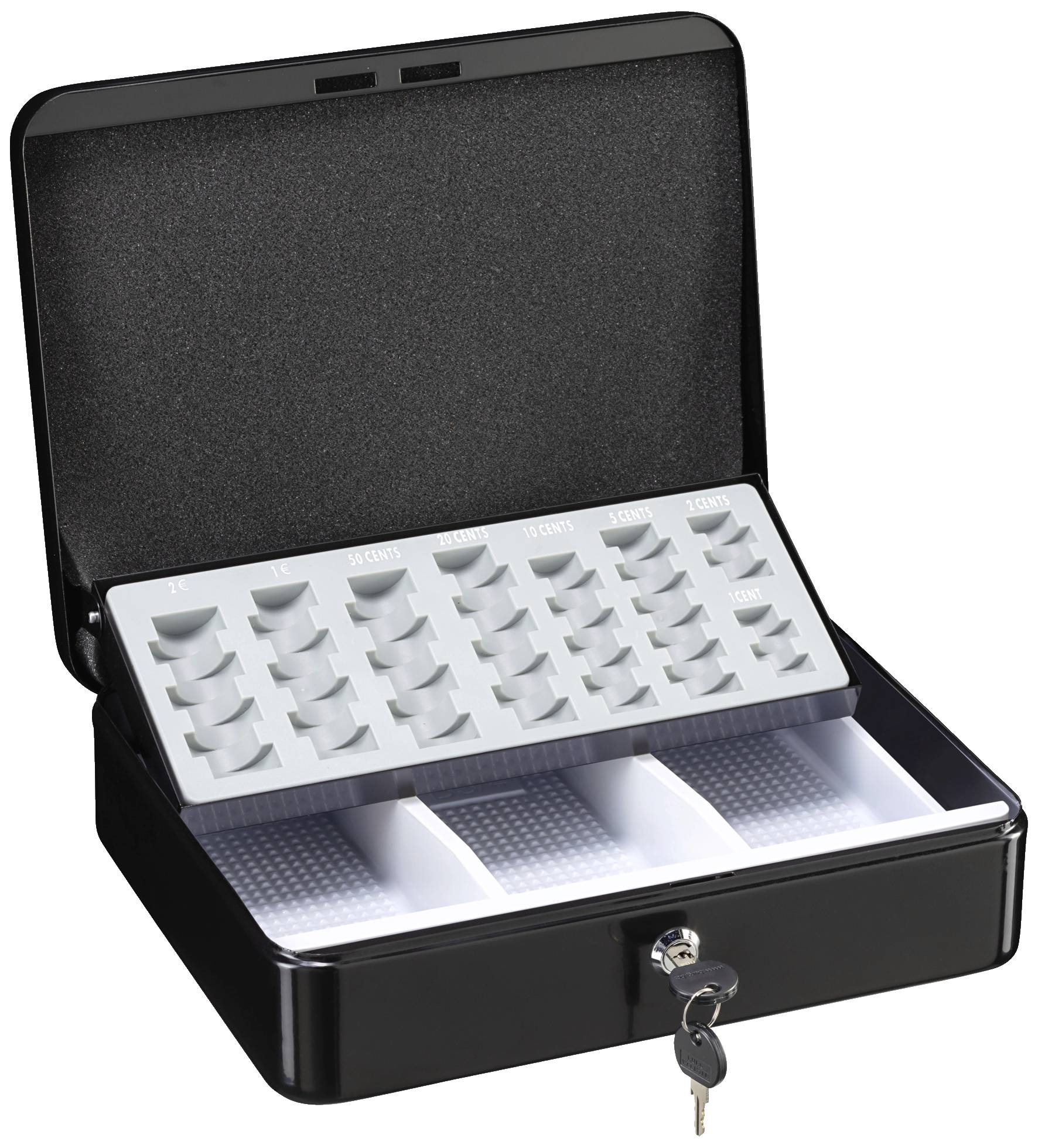 Schwarze Geldkassette mit offener Klappe zeigt innenliegendes Münztablett und Fächer für Geldscheine, mit einem Schlüssel im Schloss.