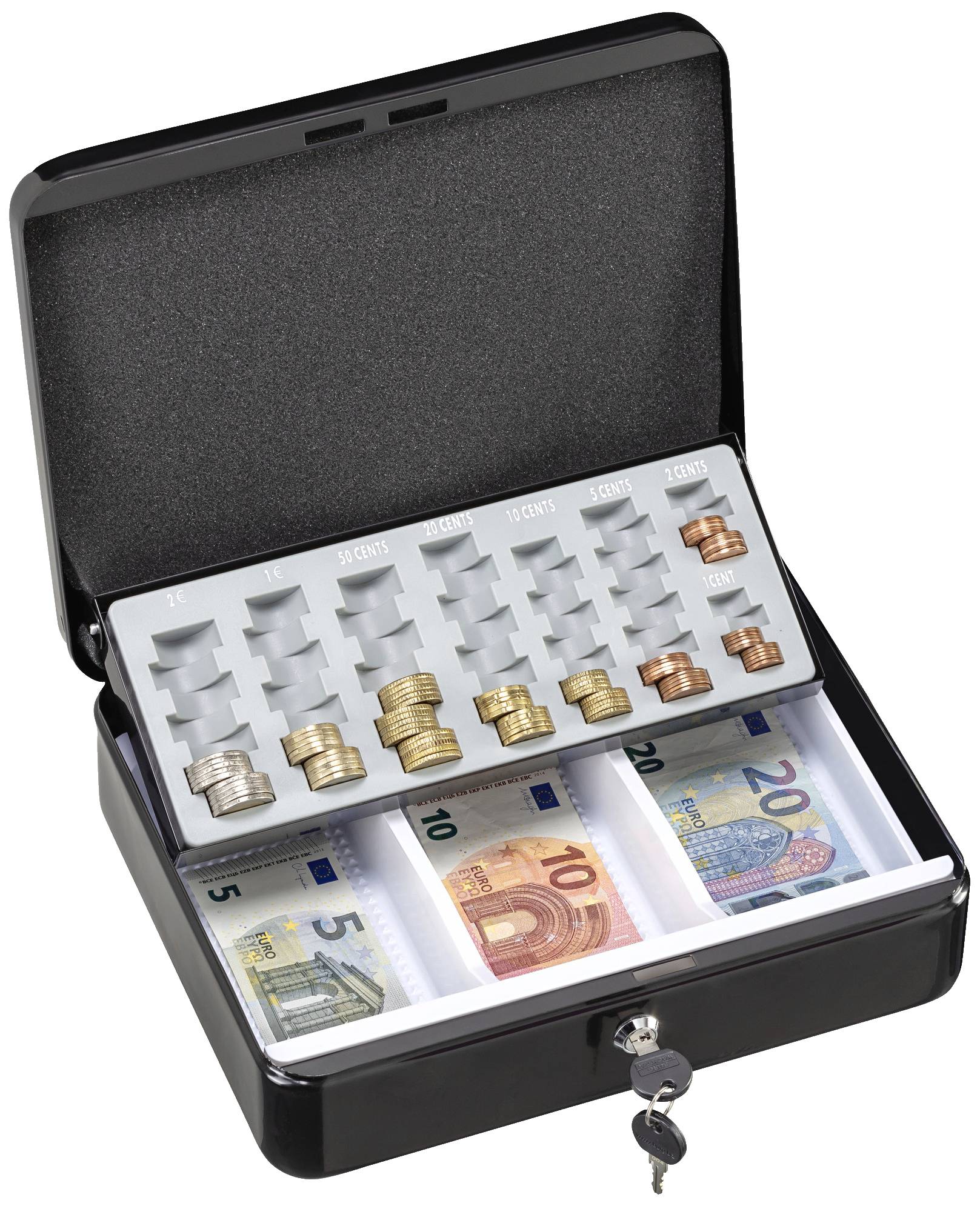 Eine geöffnete Geldkassette mit Einsätzen für Münzen und Banknoten in Euro. Münzen sind sortiert, darunter liegen Geldscheine.