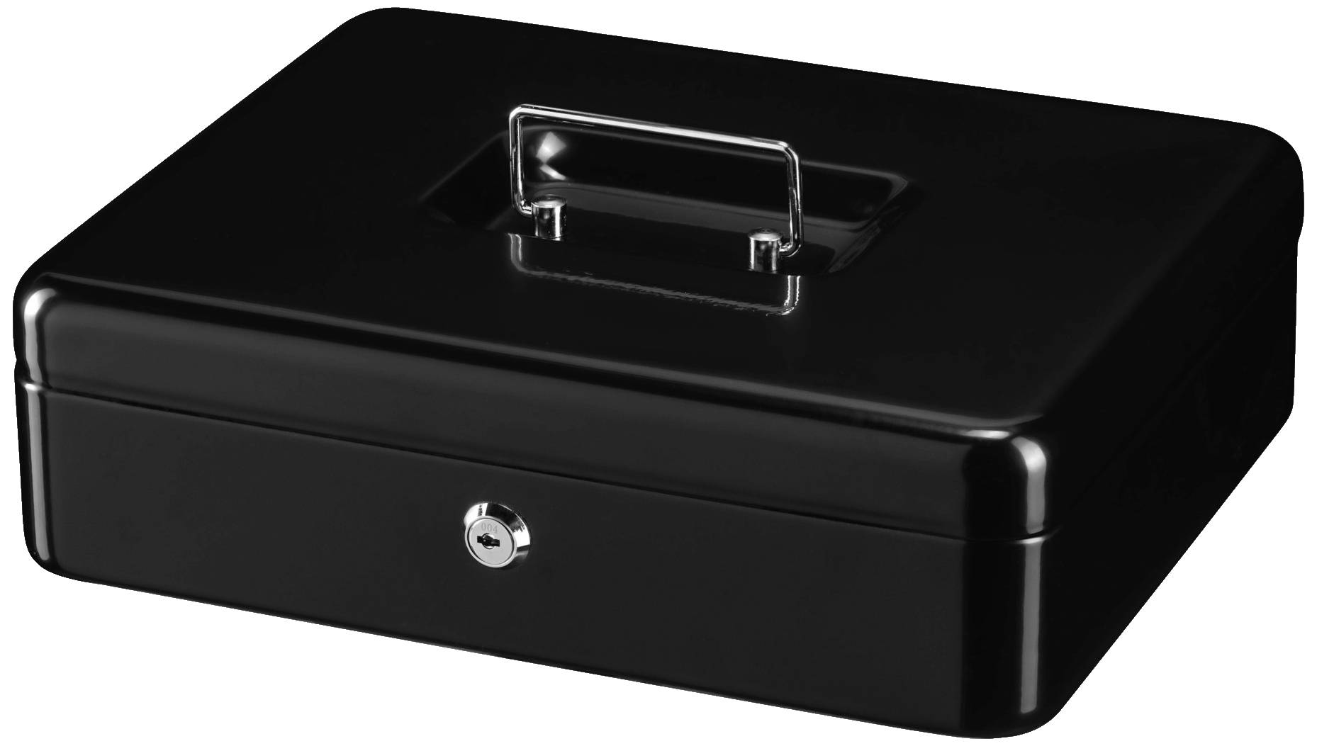 Eine schwarze, abschließbare Metallkassette mit silbernem Tragegriff und Schloss an der Vorderseite.