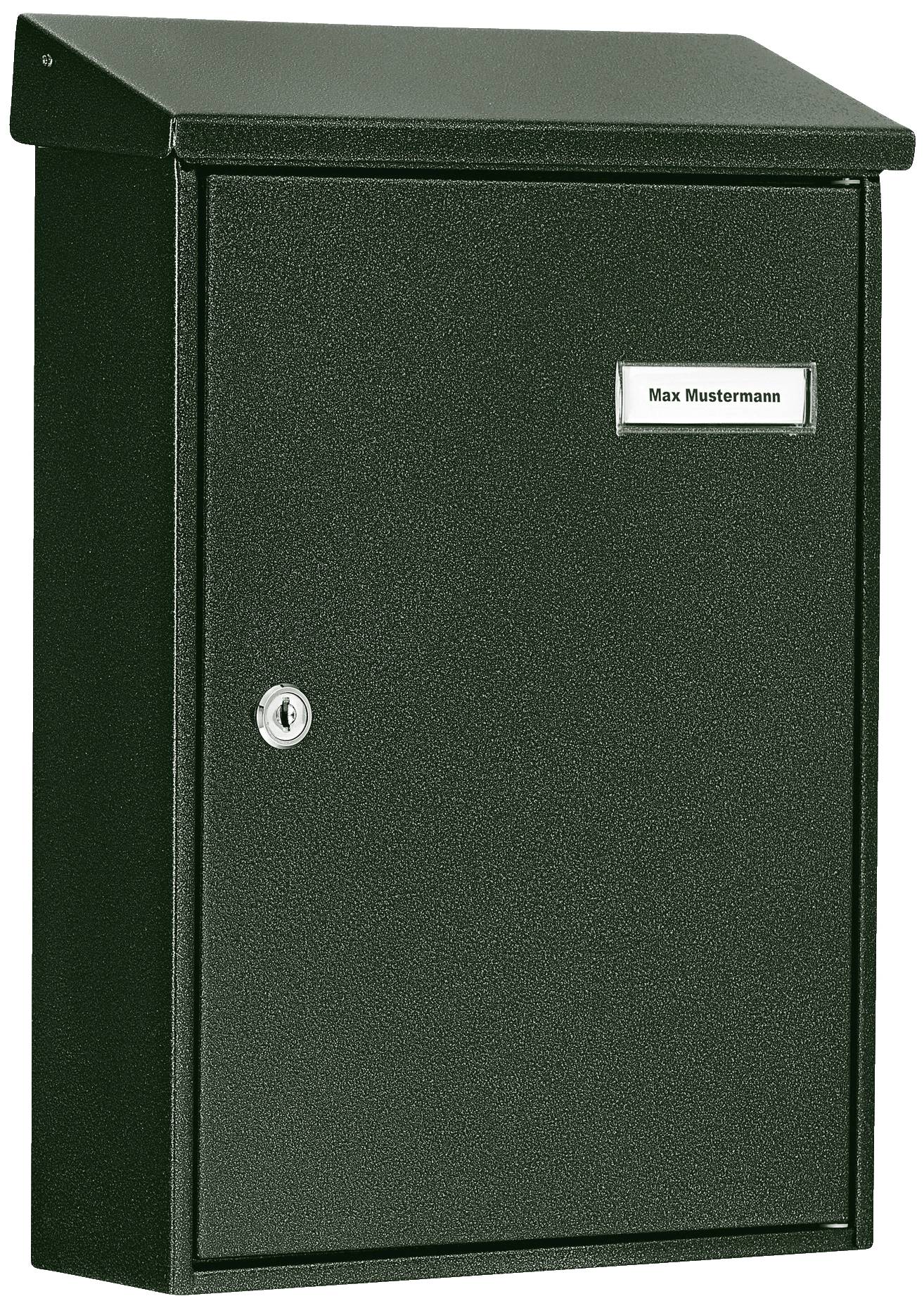 Ein schwarzer Briefkasten mit einer Namensplakette 'Max Mustermann' an der Vorderseite und einem Schlüsselloch darunter.