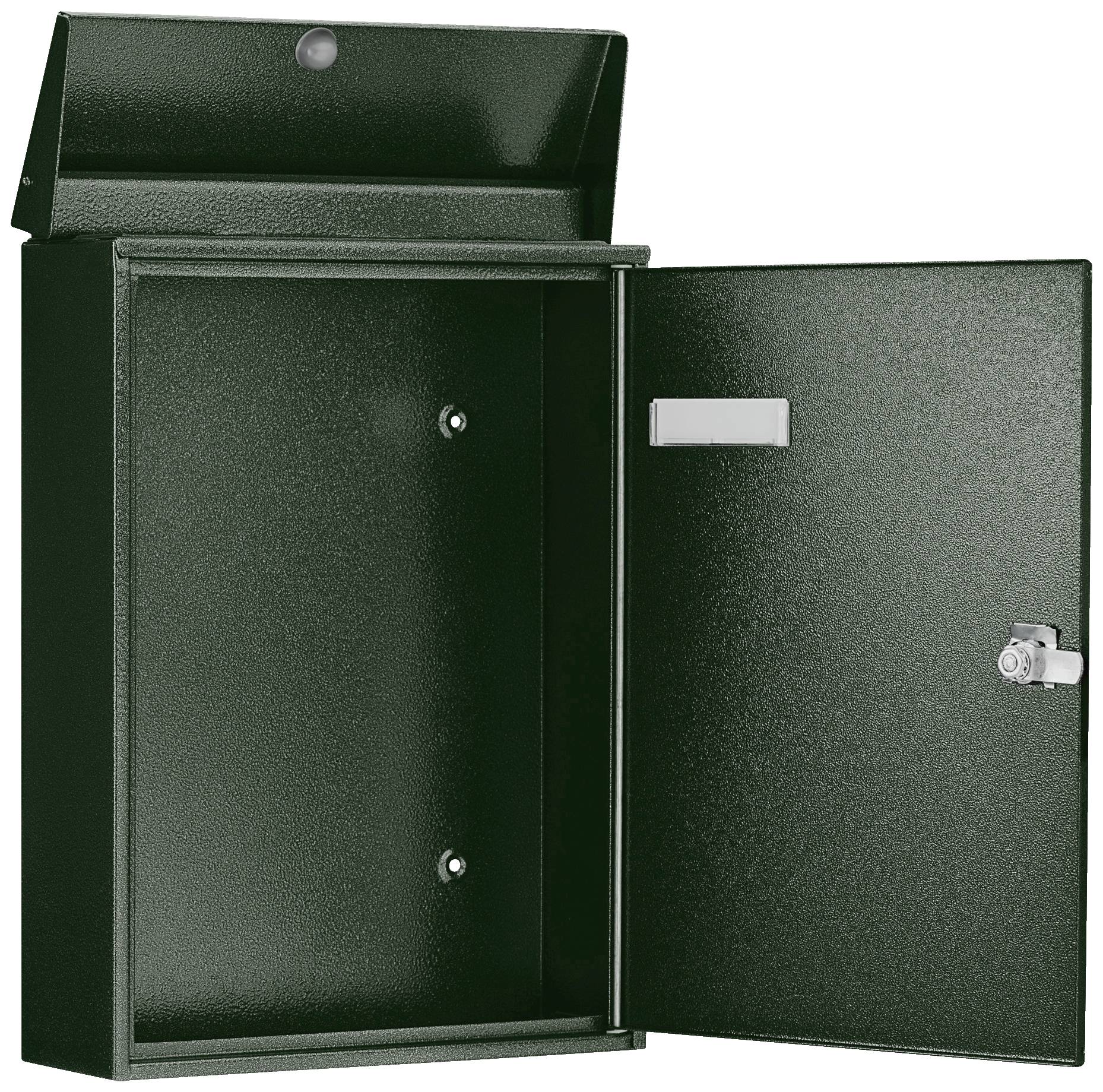 Ein schwarzer, offenstehender Briefkasten mit Schloss, montiert an einer Wand, zeigt ein leeres Innenfach.