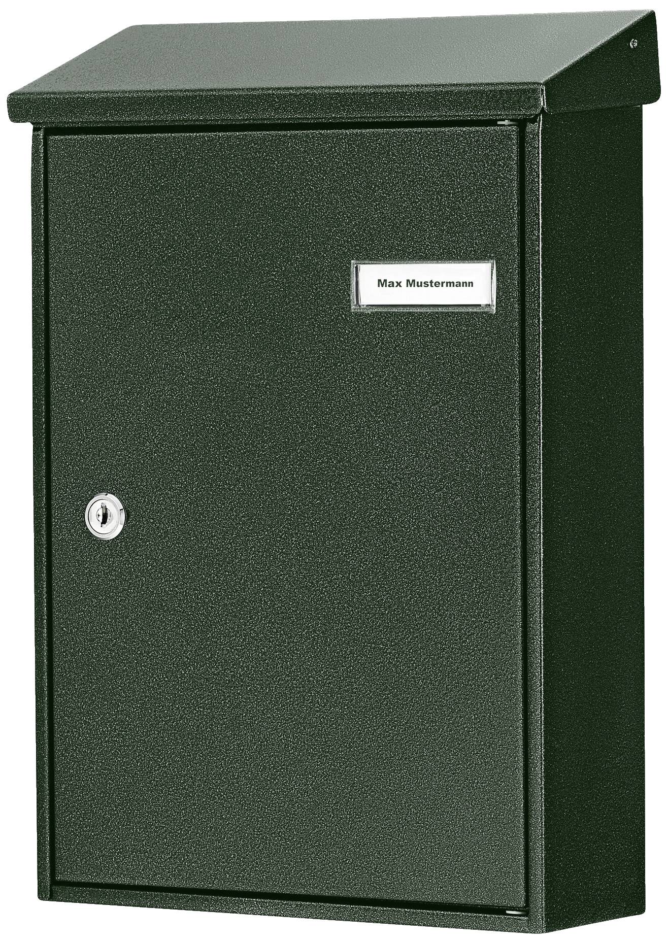 Ein schwarzer Briefkasten mit Name und Schloss, an einer Wand montiert.