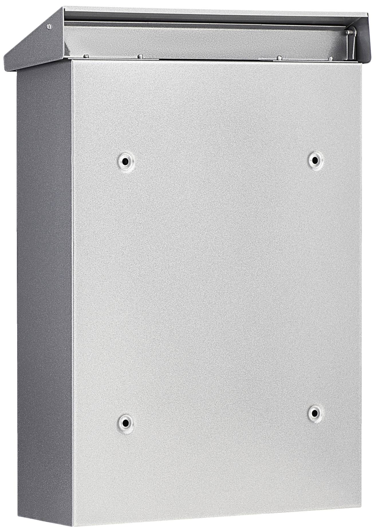 Grauer, rechteckiger Briefkasten mit vier Befestigungslöchern an der Vorderseite, geeignet für den Außenbereich.
