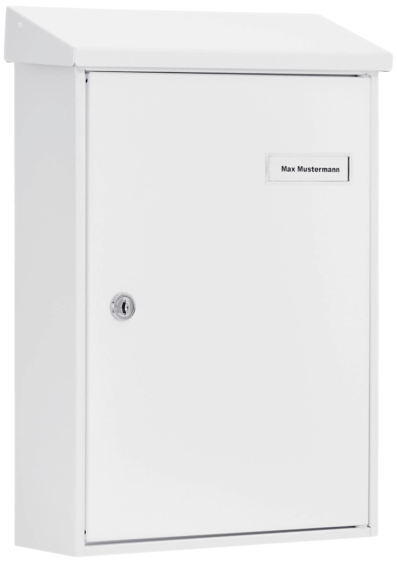Weißer Briefkasten mit abschließbarer Tür und Namensschild 'Max Mustermann'.