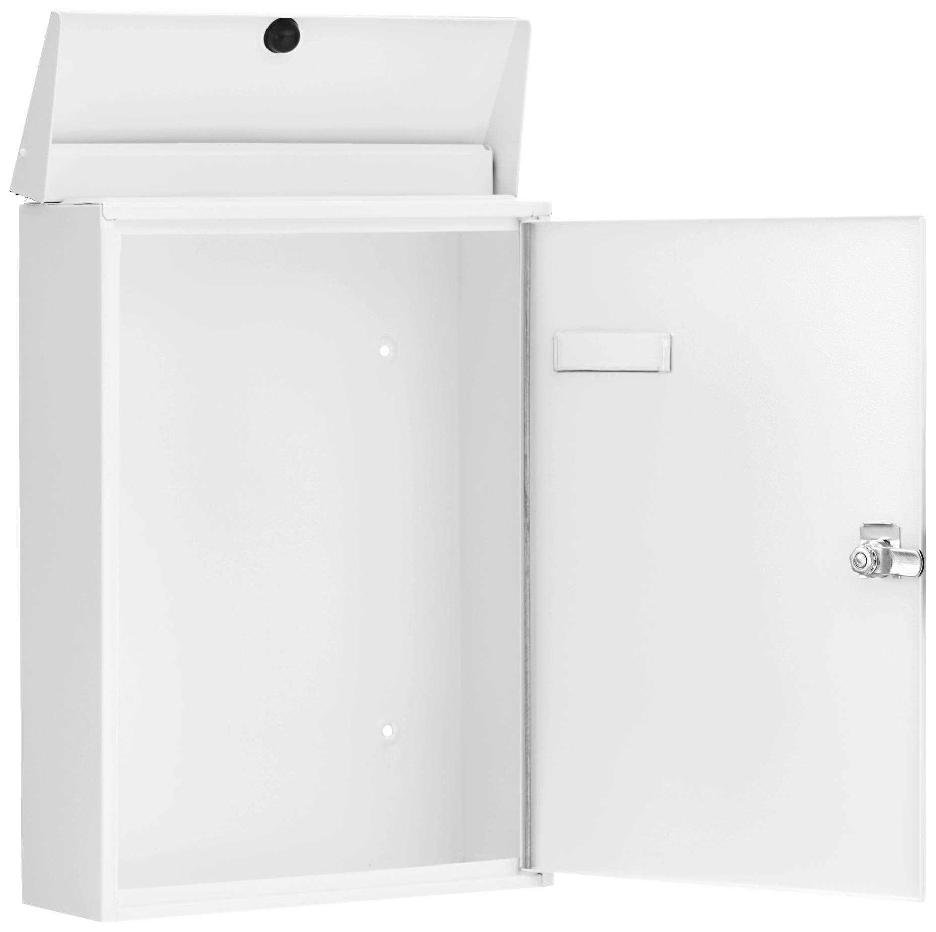 Ein weißer, offener Metallschrank mit einer Tür, die ein Schlossknopf hat. Die Rückwand zeigt Befestigungslöcher.