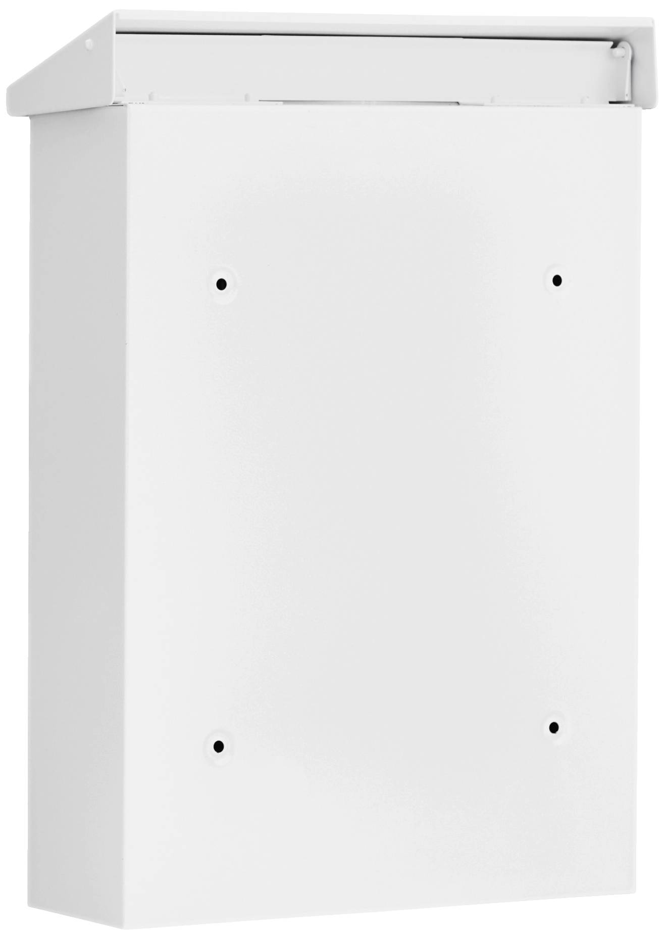 Einfacher weißer Briefkasten mit vier Befestigungslöchern an der Vorderseite und einem aufklappbaren Deckel oben.