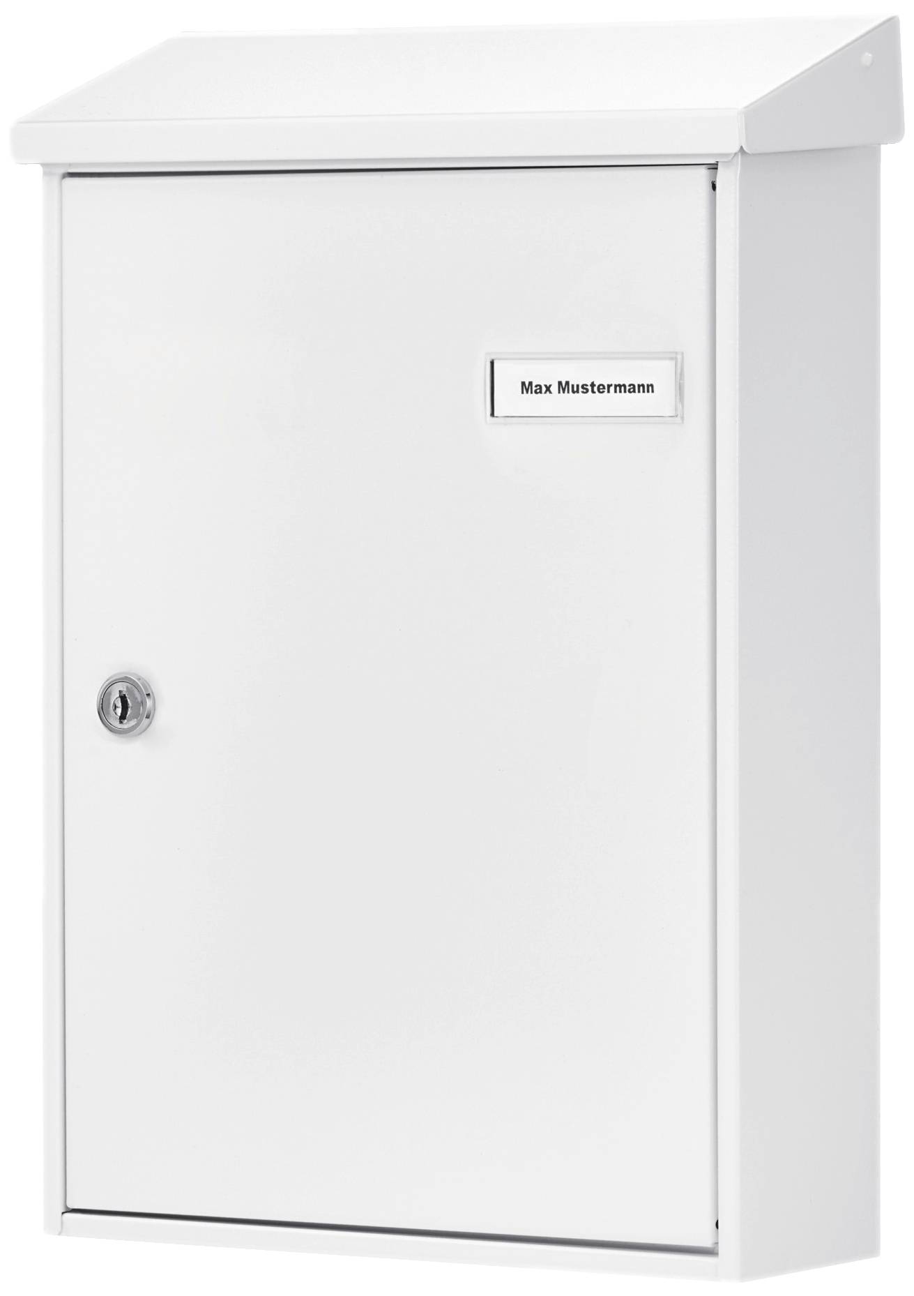 Weißer Briefkasten mit Namensschild 'Max Mustermann' und einem Schloss auf der linken Seite der Tür.