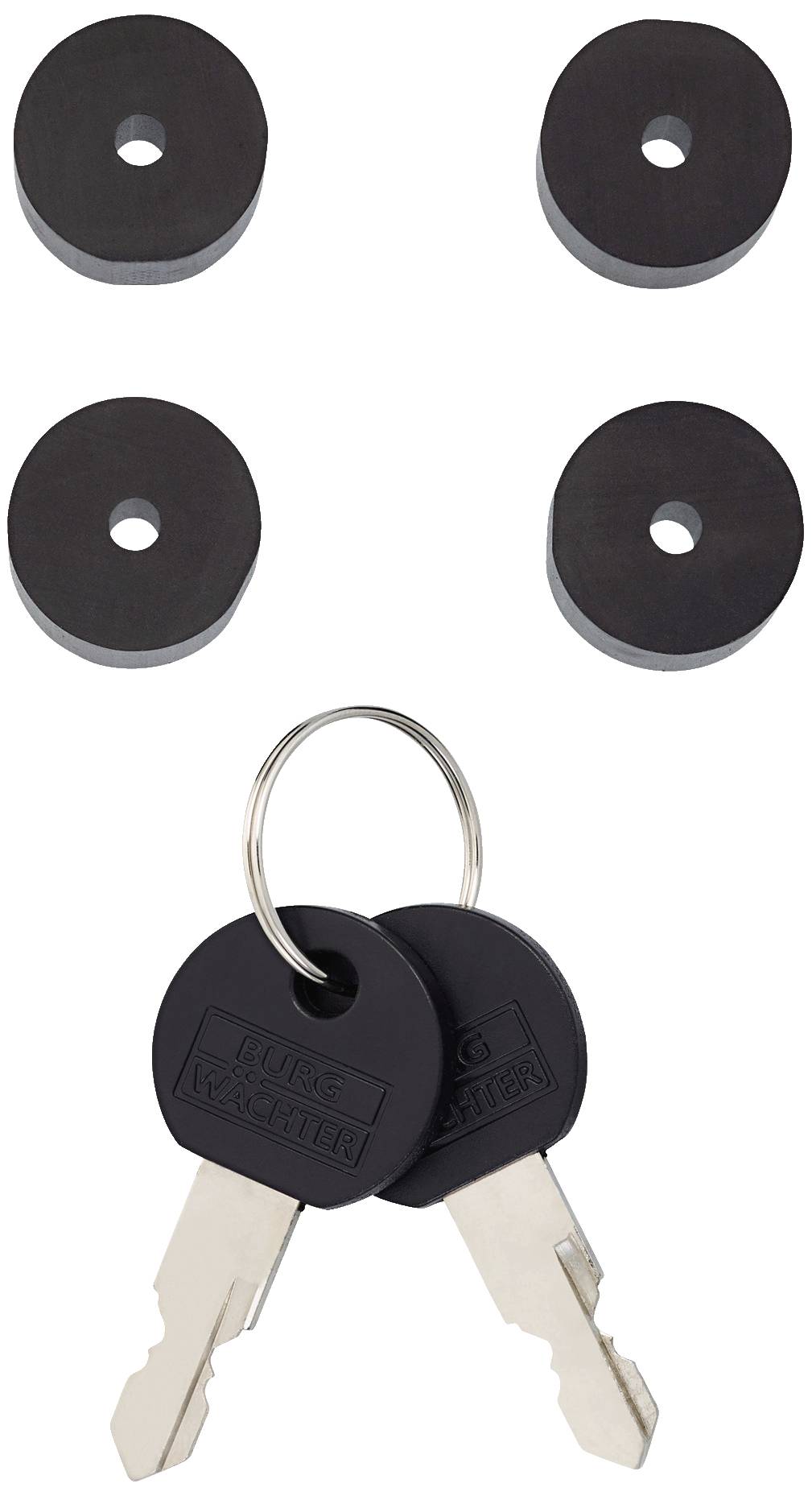 Vier runde, schwarze Unterlegscheiben und zwei silberne Schlüssel mit schwarzem Kunststoffgriff an einem kleinen Schlüsselring.