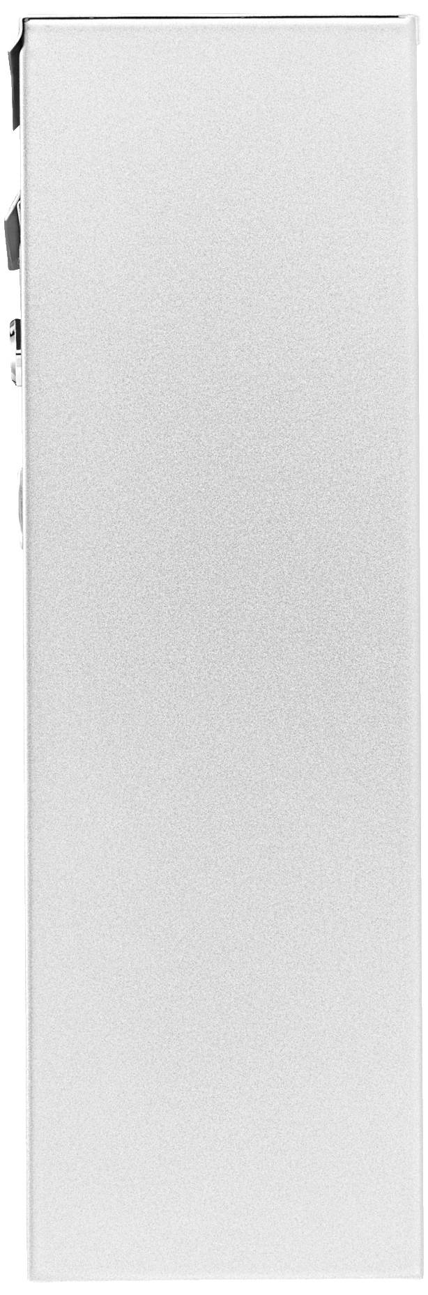 Silberne Metallsäule, die vertikal steht, auf weißem Hintergrund. Keine zusätzlichen Details oder erkennbaren Funktionen.