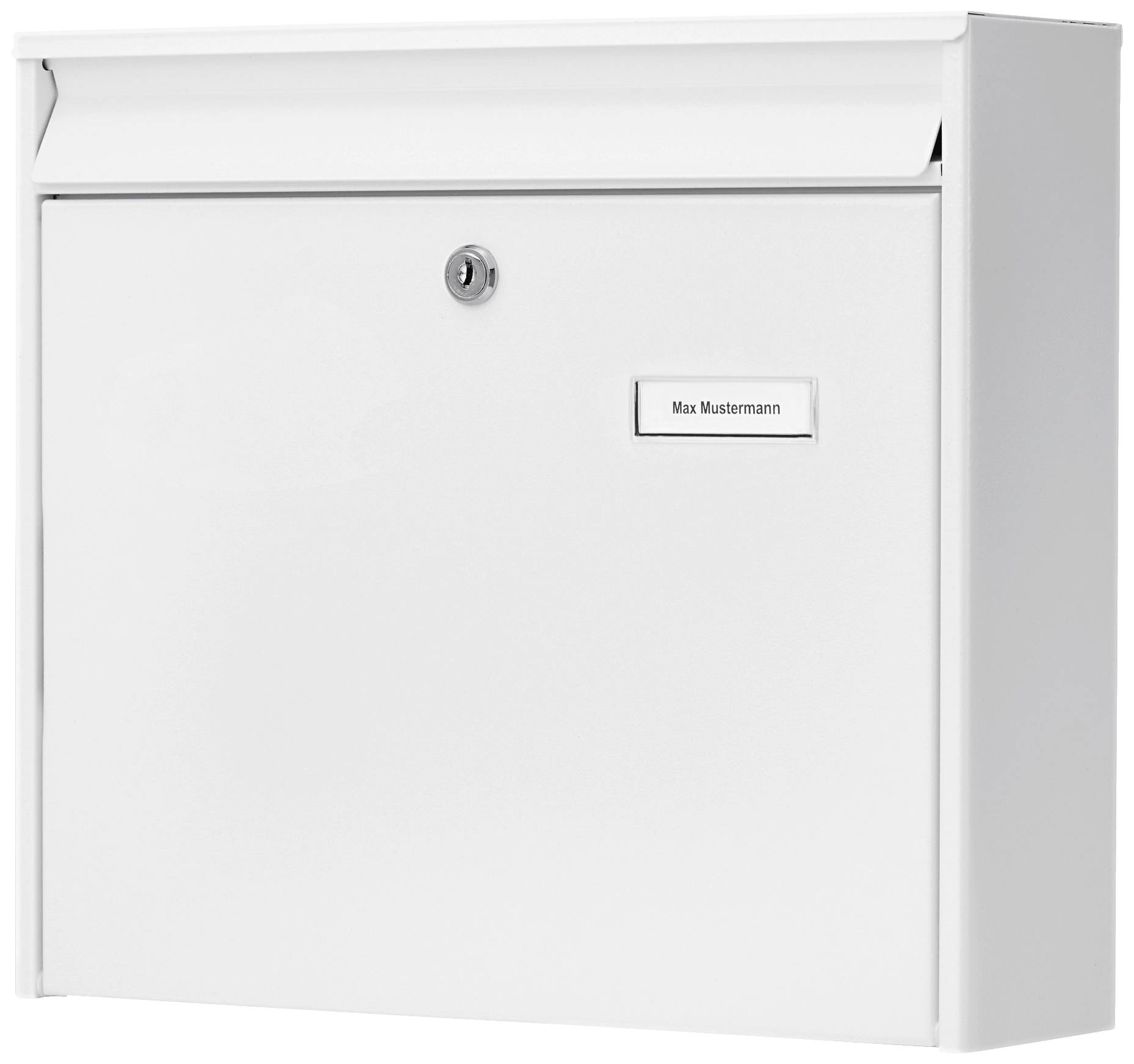 Ein rechteckiger, weißer Briefkasten mit einem Schloss und einem Namensschild 'Max Mustermann' an der Vorderseite.