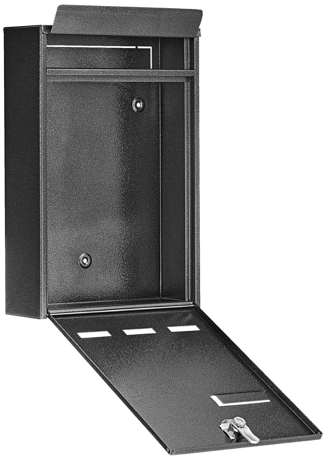 Offener schwarzer Briefkasten aus Metall mit Klappe, geeignet zur Hauswandmontage. Oben ist ein Briefschlitz sichtbar.