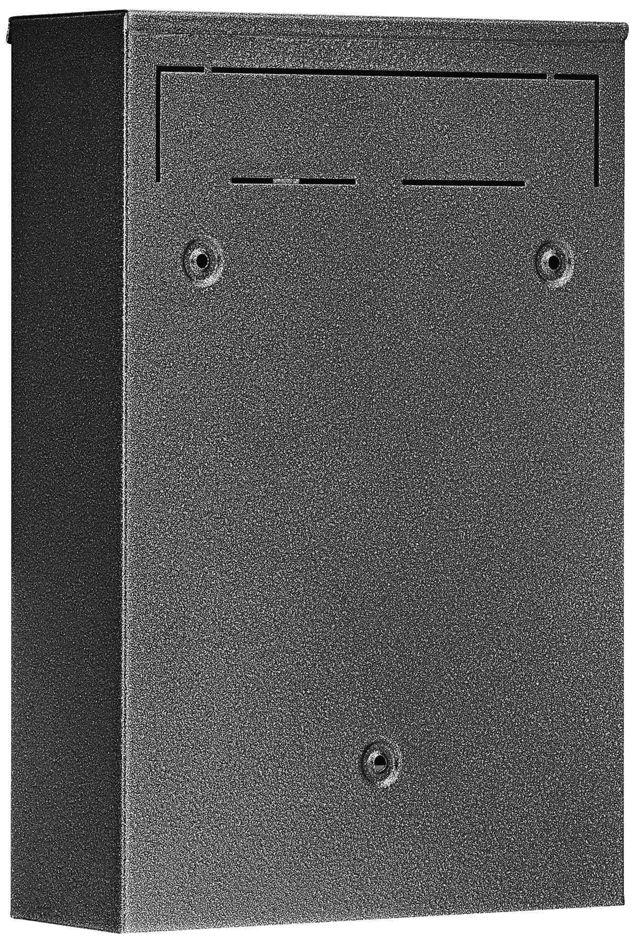Schwarzer Metallbriefkasten mit zwei Löchern zur Wandmontage und einem rechteckigen Schlitz oben für den Briefschlitz.