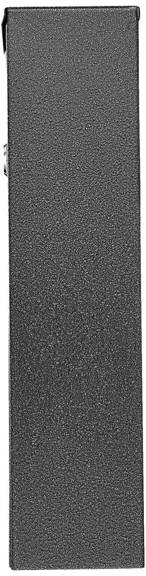 Schwarzer, rechteckiger, vertikaler Kasten mit glatter Oberfläche, vermutlich ein Lautsprecher oder ähnliches Gerät von der Seite.