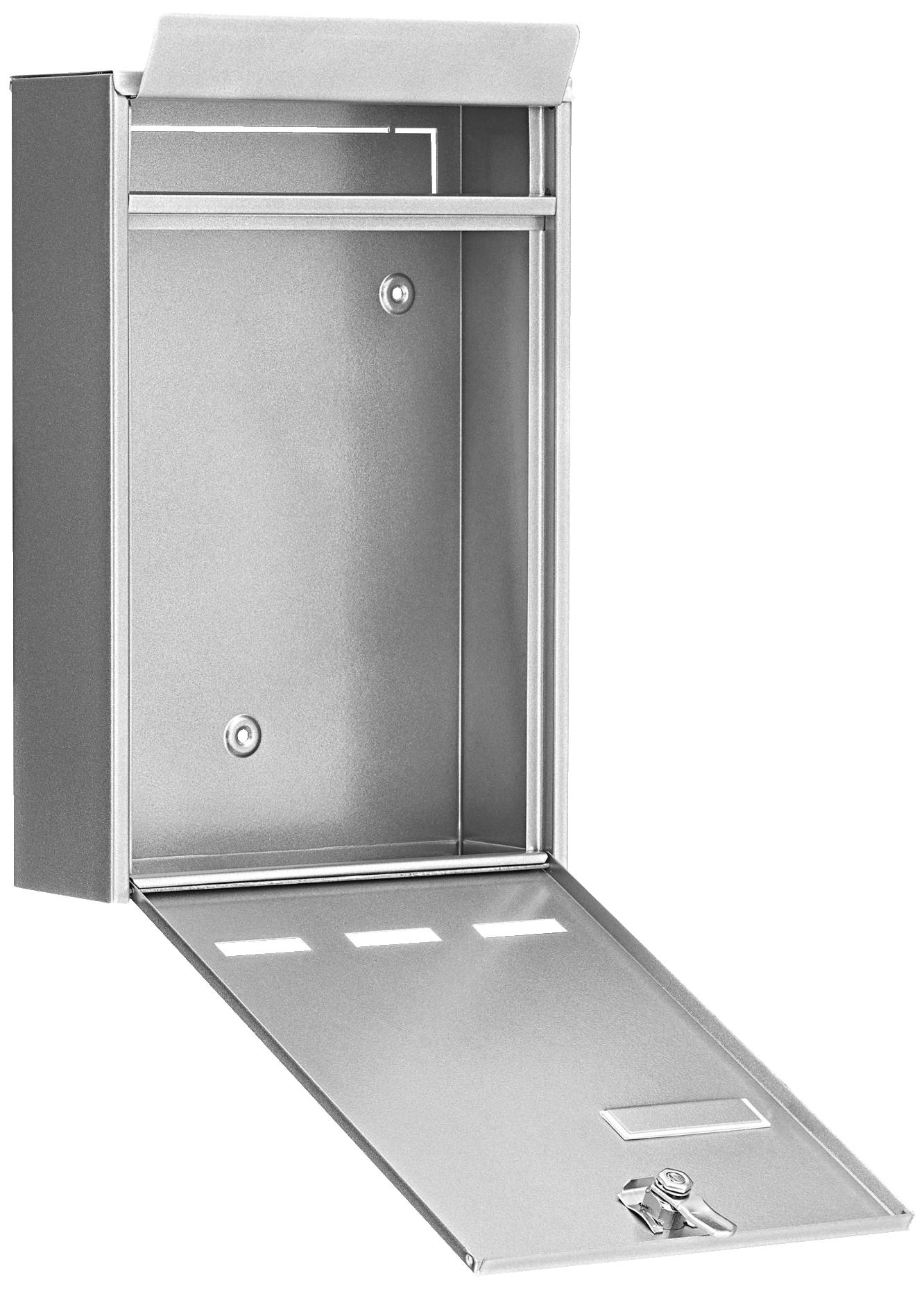Ein geöffneter, silberner Briefkasten aus Metall. Die Klappe ist nach unten geöffnet und zeigt das leere Innere.