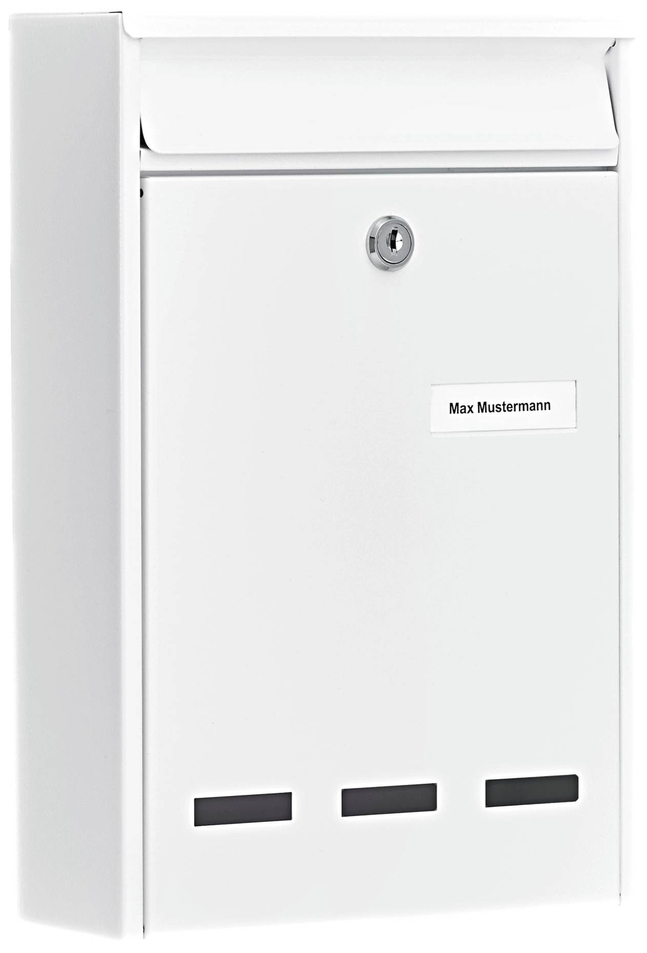 Weißer Briefkasten mit quadratischem Design und Namensschild 'Max Mustermann'.