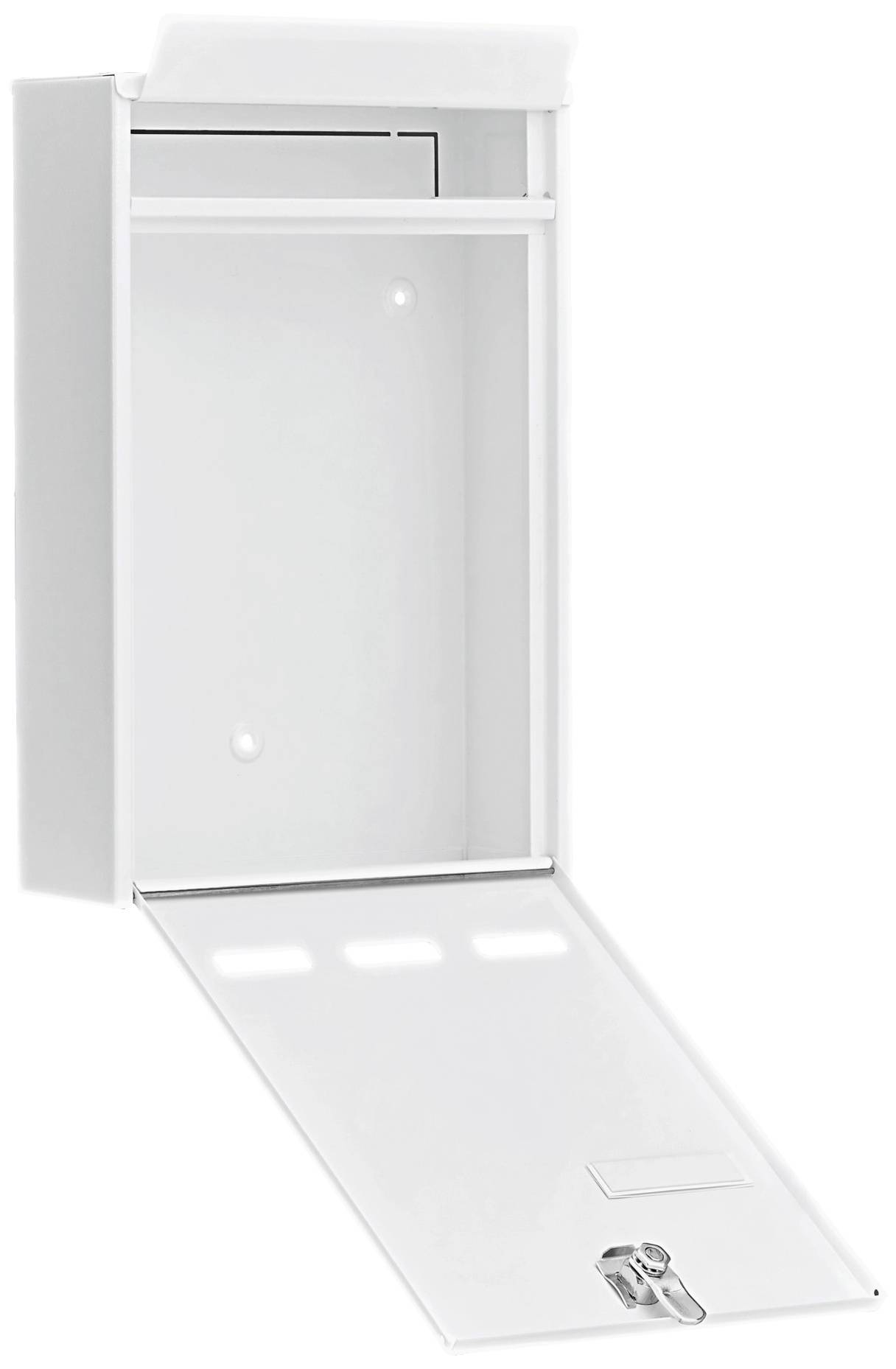 Ein weißer Briefkasten aus Metall mit offenem Deckel und geöffneter Klappe unten. Es gibt ein Schlüsselloch an der Klappe.