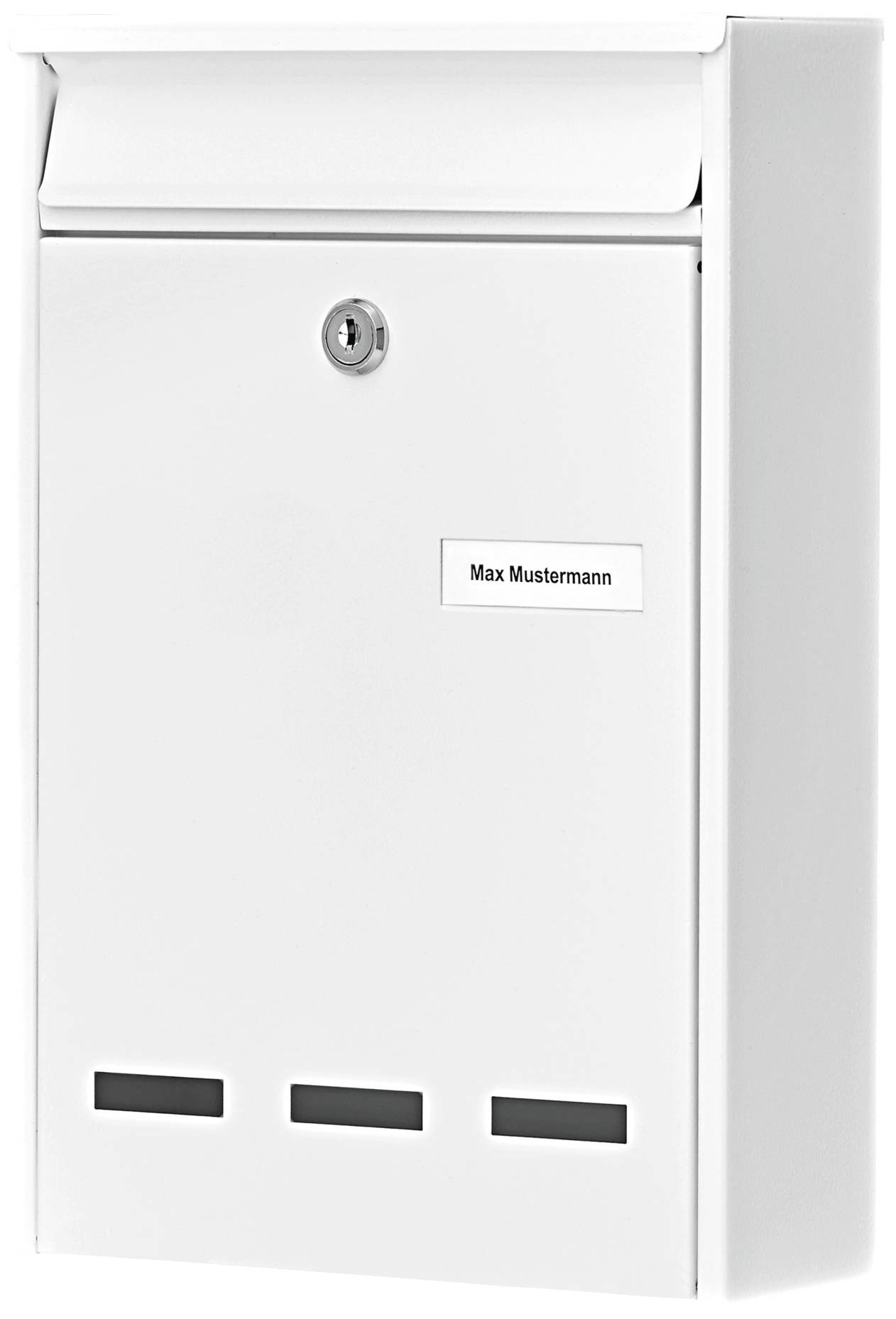 Ein weißer Briefkasten mit Namensschild 'Max Mustermann'. Der Schlitz und das Schlüsselloch sind sichtbar.