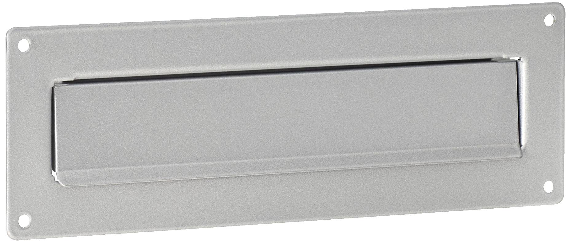 Ein rechteckiger silberner Briefschlitz in einer Tür.