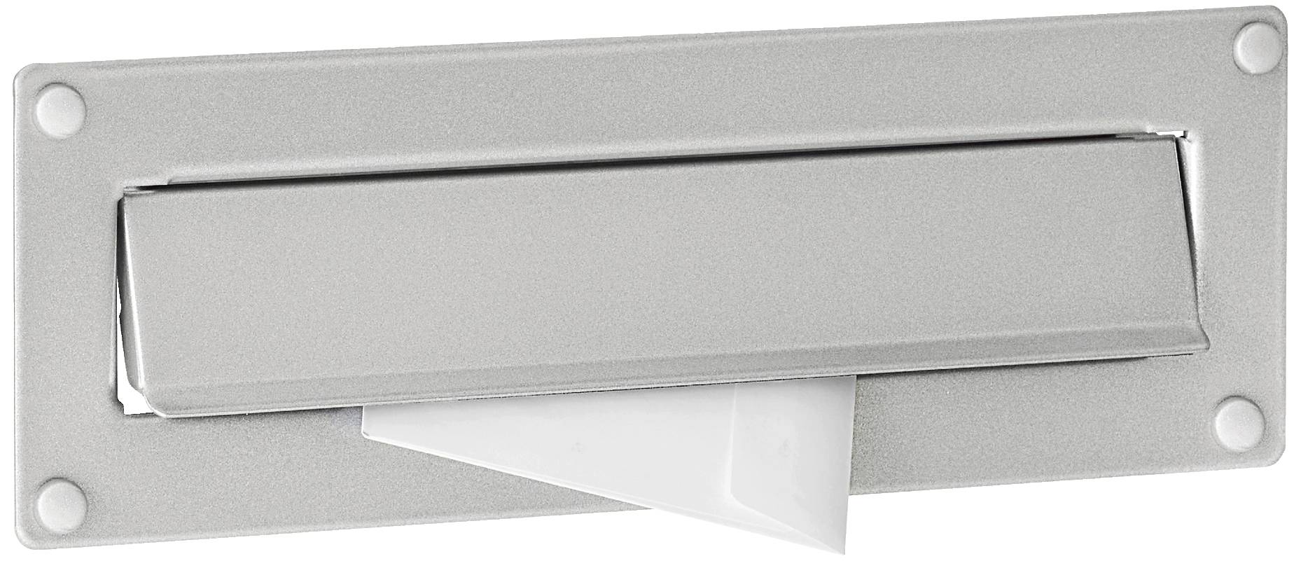 Grauer Briefkastenschlitz an einer Tür, leicht geöffnet mit einem weißen Papier, das herausragt.