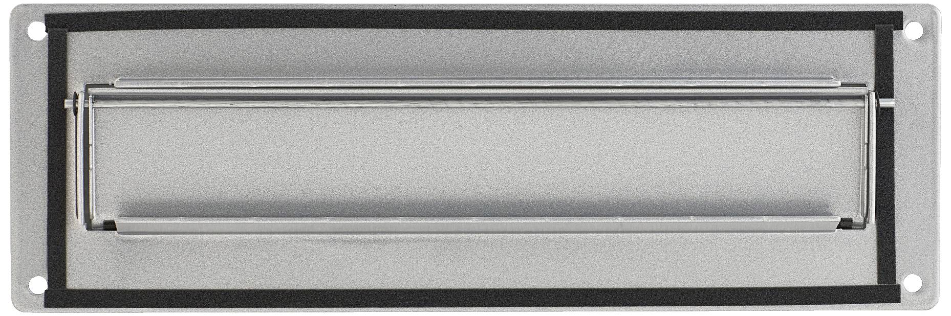 Metalltürklappe in rechteckiger Form, montiert auf einer Oberfläche. Sie dient wahrscheinlich dem Einwerfen von Post oder ähnlichem Material.