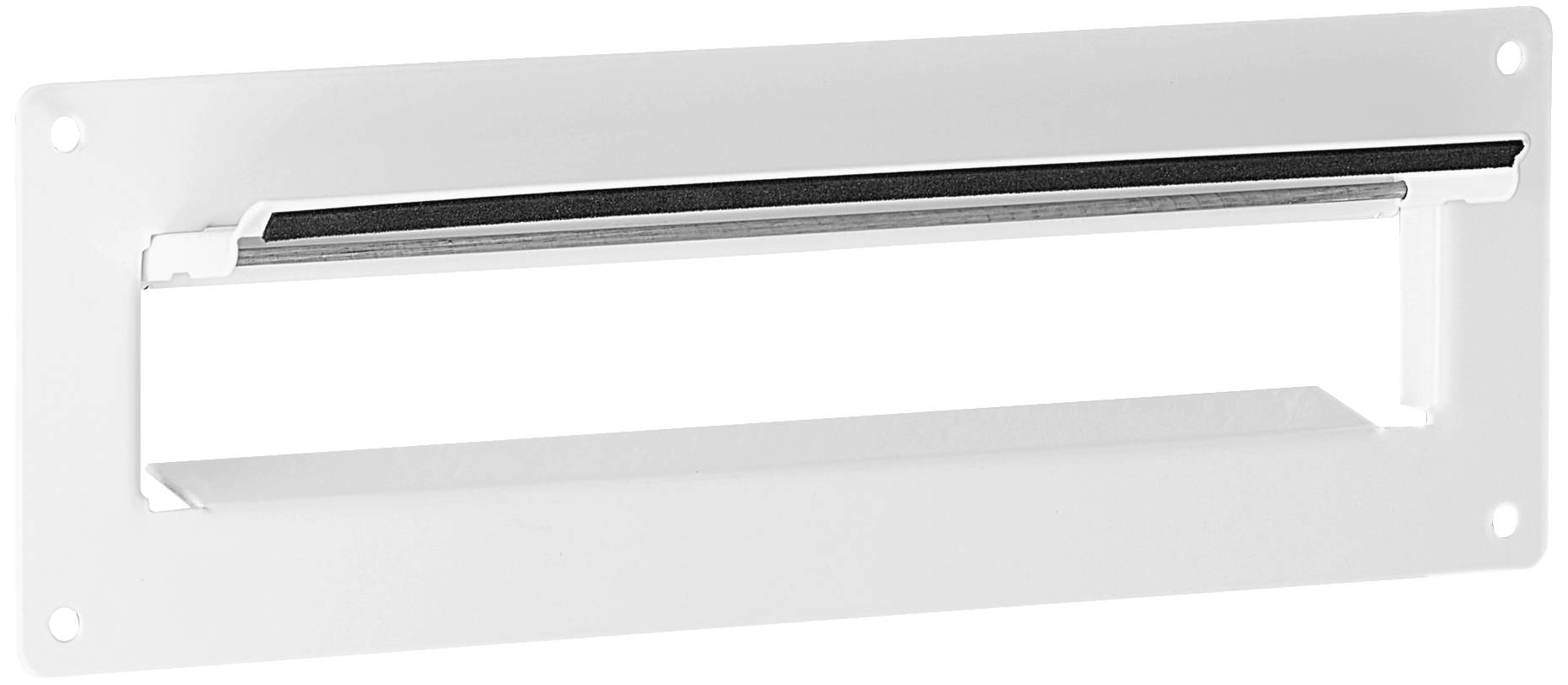 Ein rechteckiger, weißer Briefschlitz mit abgerundeten Ecken und einer schwarzen Dichtung oben, montiert auf einer weißen Fläche.