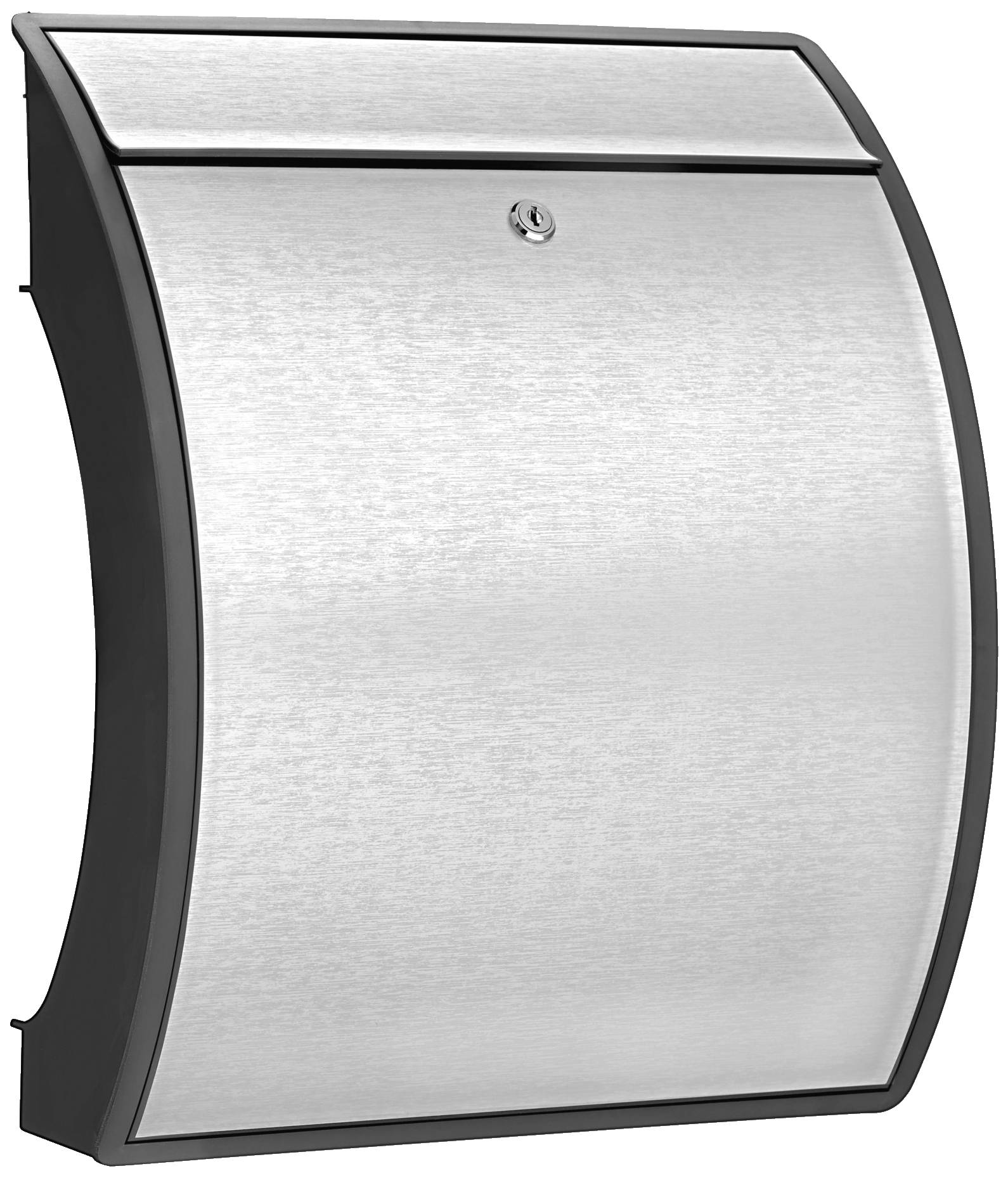 Moderner, gebogener Briefkasten aus Edelstahl mit schwarzem Rahmen und Schloss an der Oberseite. Geeignet für den Außenbereich.