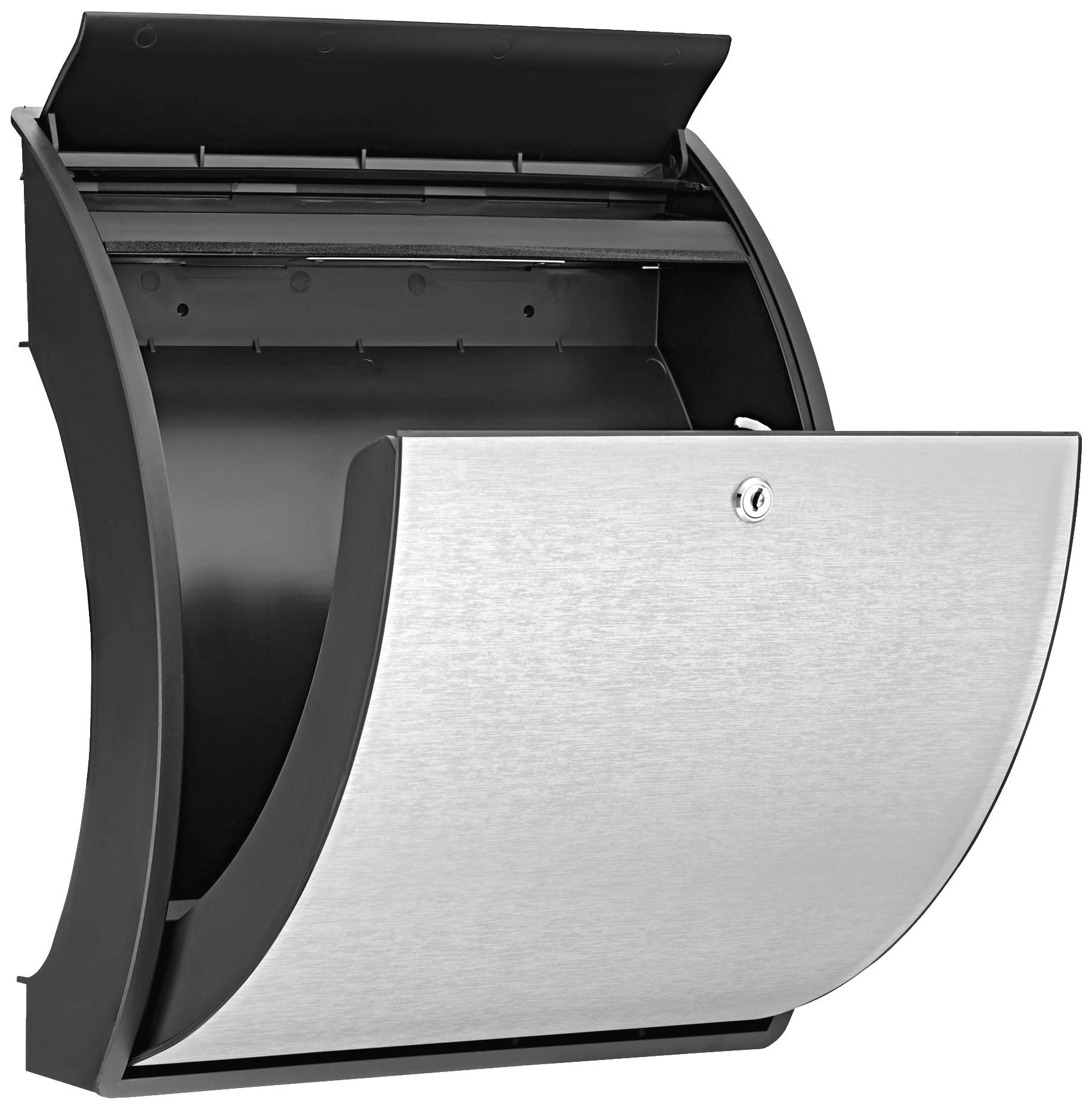 Briefkasten aus Edelstahl mit schwarzem Rahmen. Frontklappe nach vorne geöffnet. Modernes, schlichtes Design für Außenmontage.