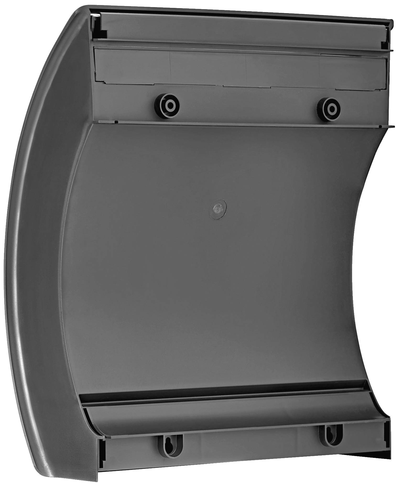 Ein schlichter, halbmondförmiger Wandhalter aus schwarzem Kunststoff mit Befestigungsöffnungen an den oberen und unteren Kanten.