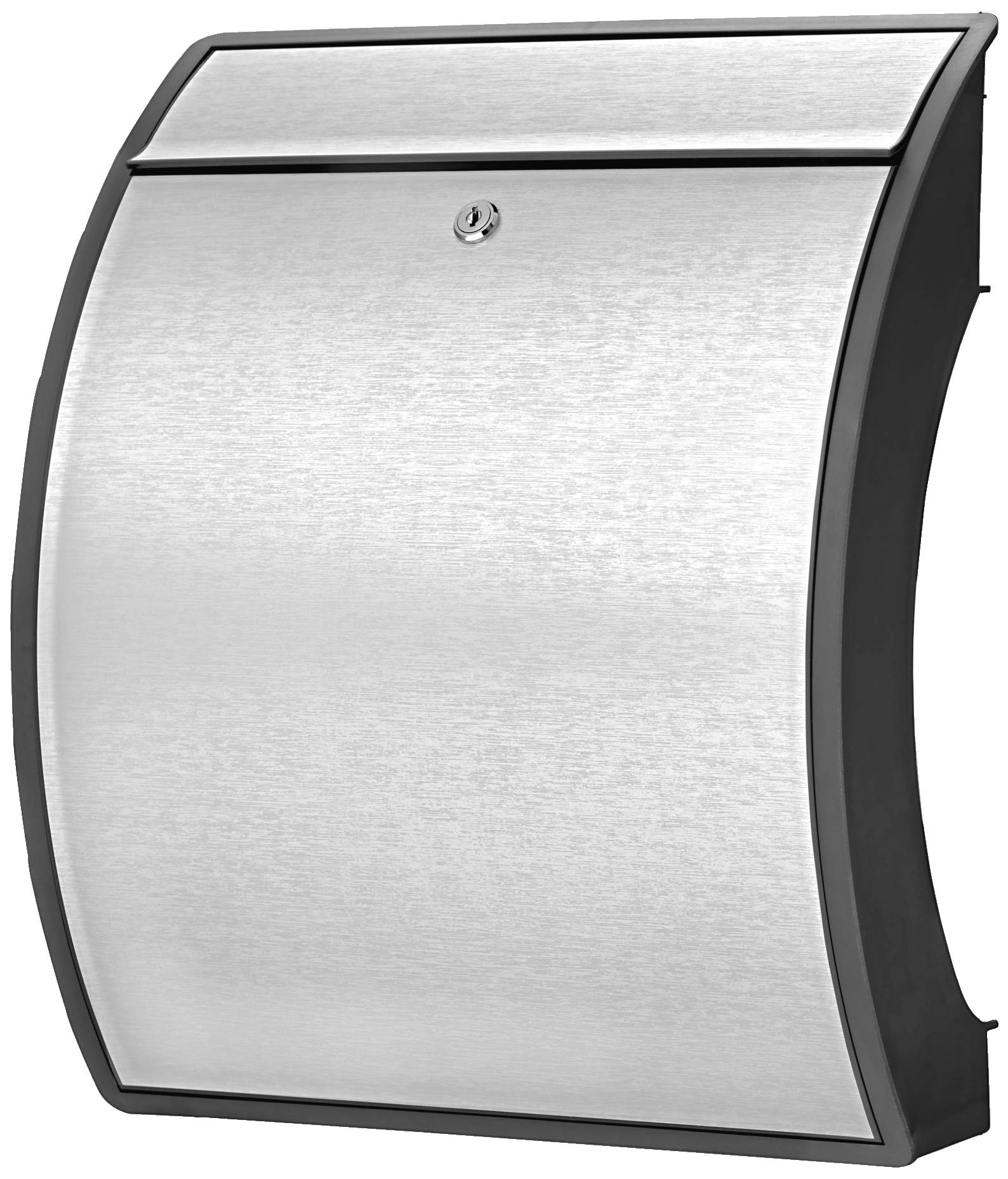 Metallbriefkasten mit gebogenem Design, silberne Front und schwarzer Rahmen, zentrale Schlüsseleinführung oben.