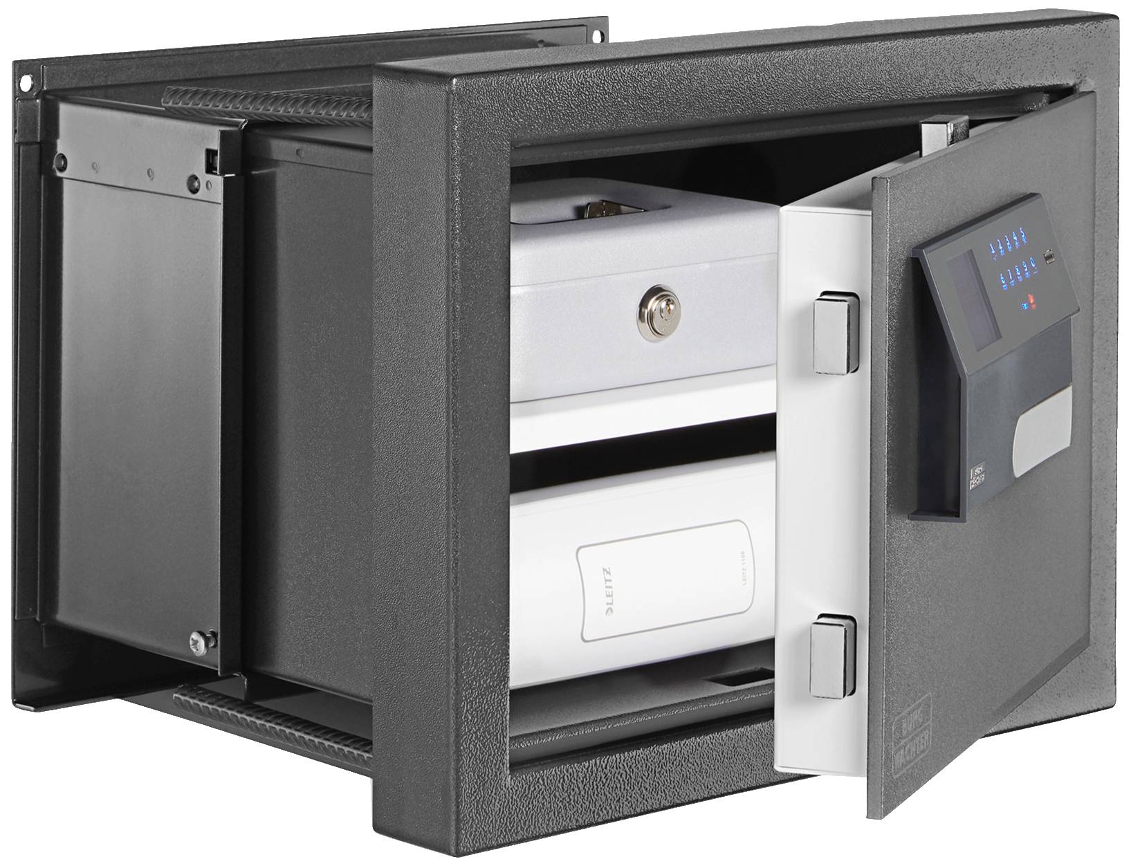 Offener Wandtresor mit digitalem Zahlenschloss, zeigt Dokumente und eine Box im Inneren. Der Tresor ist schwarz und metallisch.