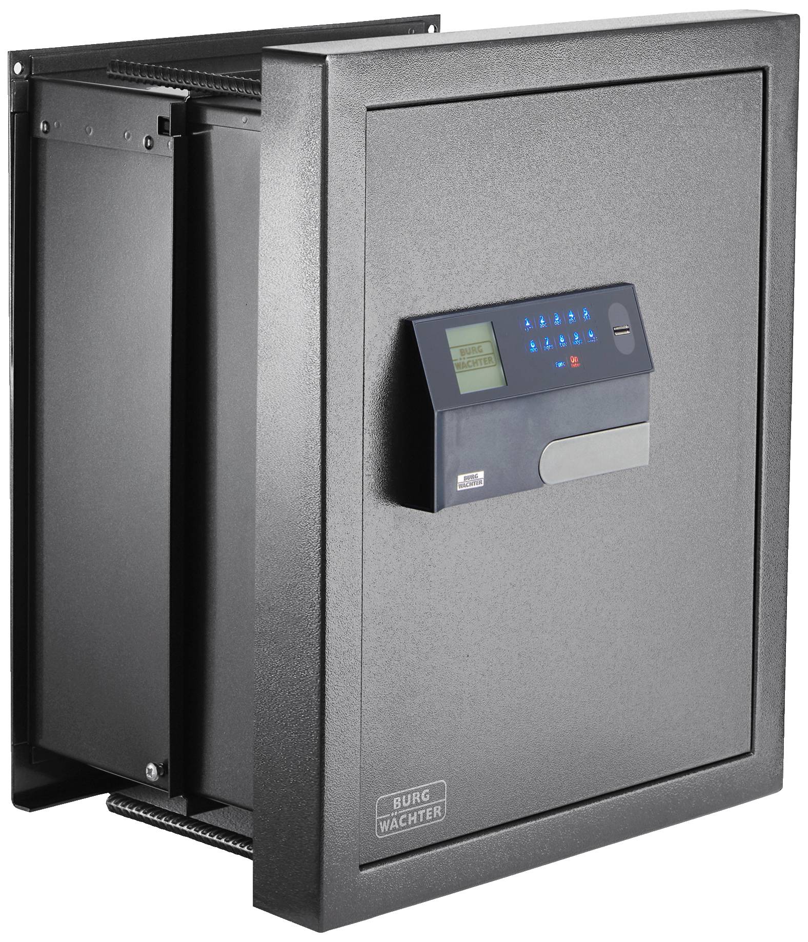 Ein eingebauter Wandtresor mit elektronischem Zahlenschloss und digitalem Display. Er ist offen und zeigt seinen Innenraum.