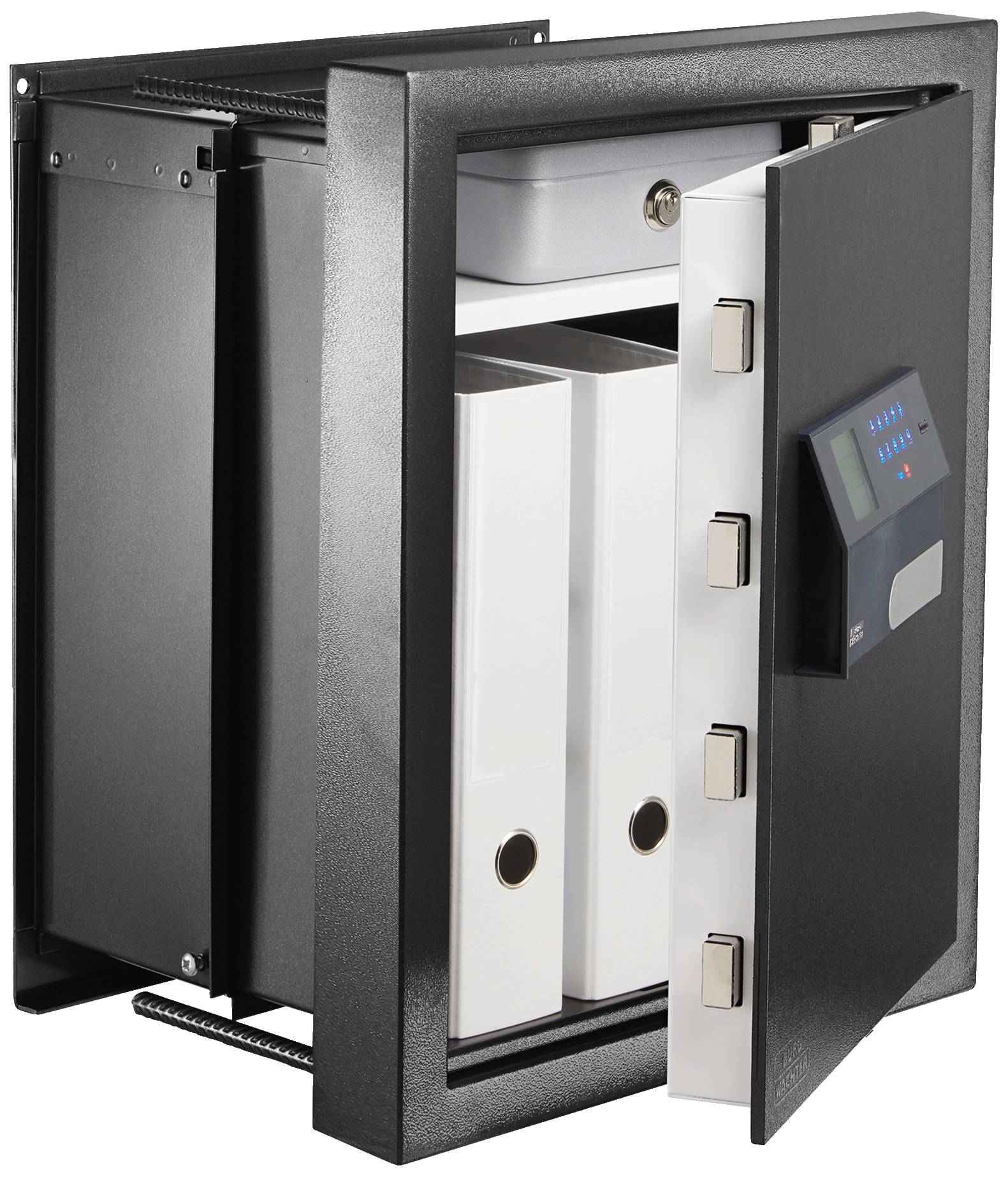 Offener Tresor mit digitalen Schließsystem. Im Inneren befinden sich weiße Ordner und eine kleine Metallbox.