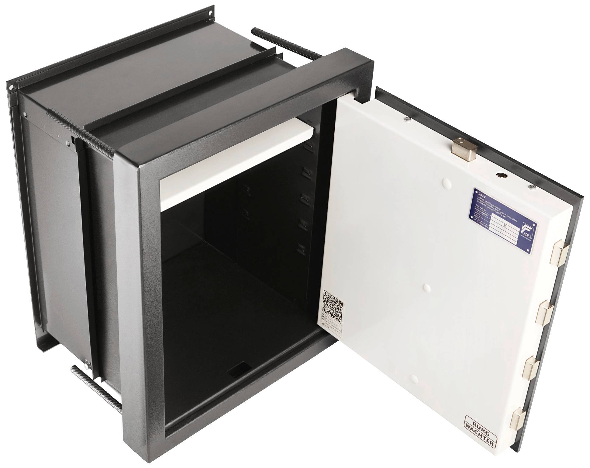 Metallener Wandschrank mit offener Tür, zeigt ein leeres Regal im Inneren. Geeignet für die Unterbringung von Geräten oder Dokumenten.