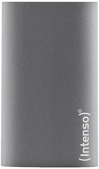Eine graue Powerbank mit dem Markennamen 'Intenso' vertikal aufgedruckt, schlichte zylindrische Form ohne ersichtliche Anschlüsse.