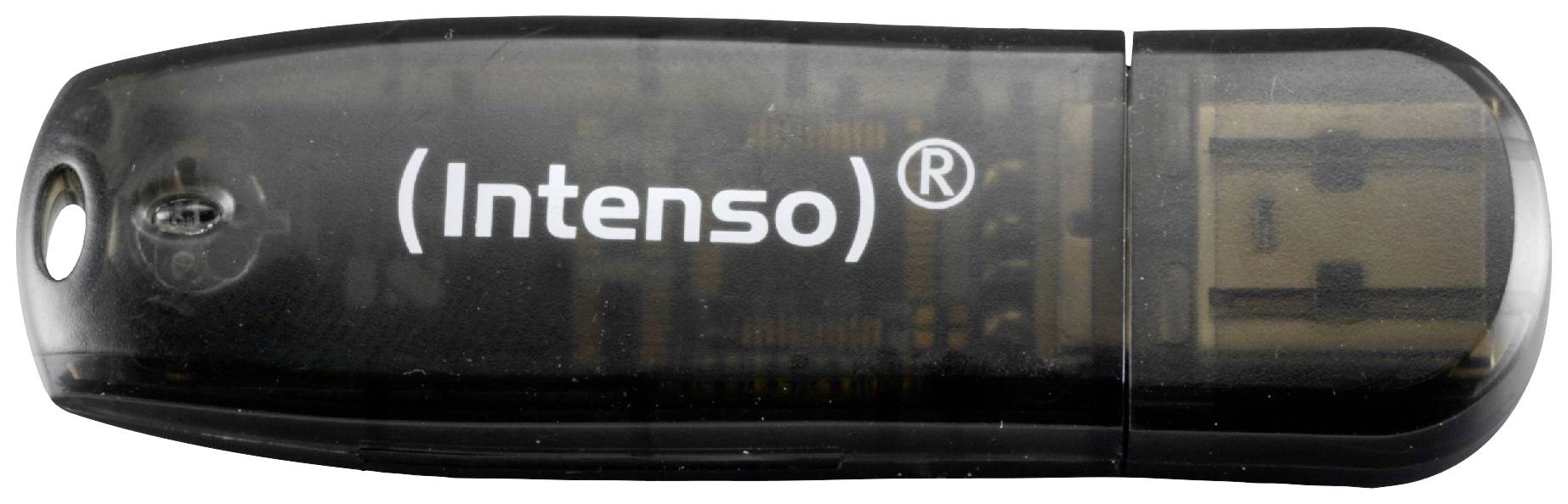 Ein schwarzer USB-Stick mit der Aufschrift 'Intenso' und einem durchsichtigen Gehäuse, das die Innenteile leicht sichtbar macht.