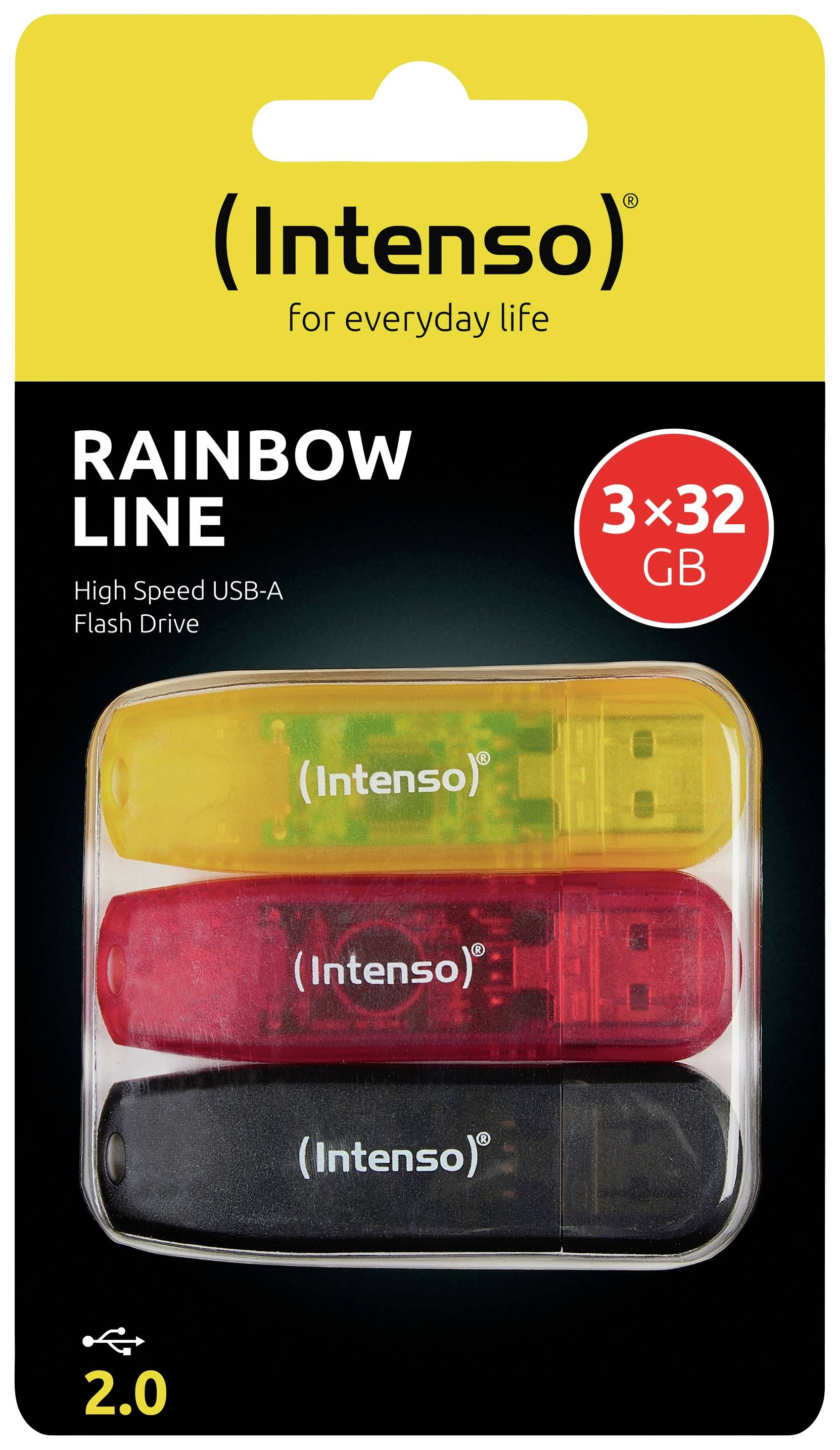 Drei USB-Sticks in Gelb, Rot, Schwarz mit 32 GB Kapazität von Intenso, beschriftet als Rainbow Line, High Speed USB-A.