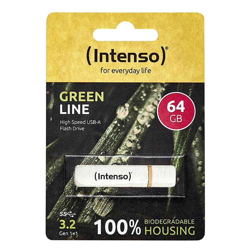 Ein 'Intenso' USB-Stick der Green Line mit 64 GB Speicherkapazität. Verpackung zeigt '100% biologisch abbaubar' und 'High Speed USB-A'.