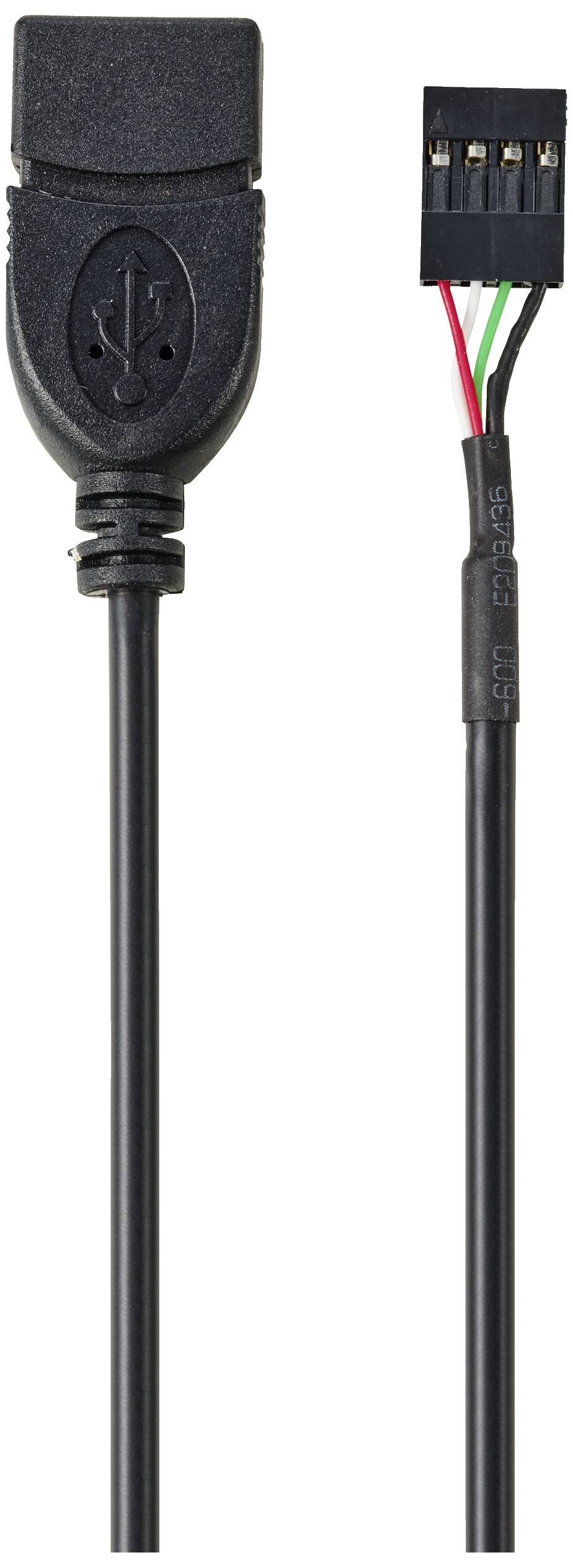 'USB-Anschlusskabel' mit schwarzem Kunststoffstecker links und offenem Ende mit vier Drähten (rot, weiß, grün, schwarz) rechts.