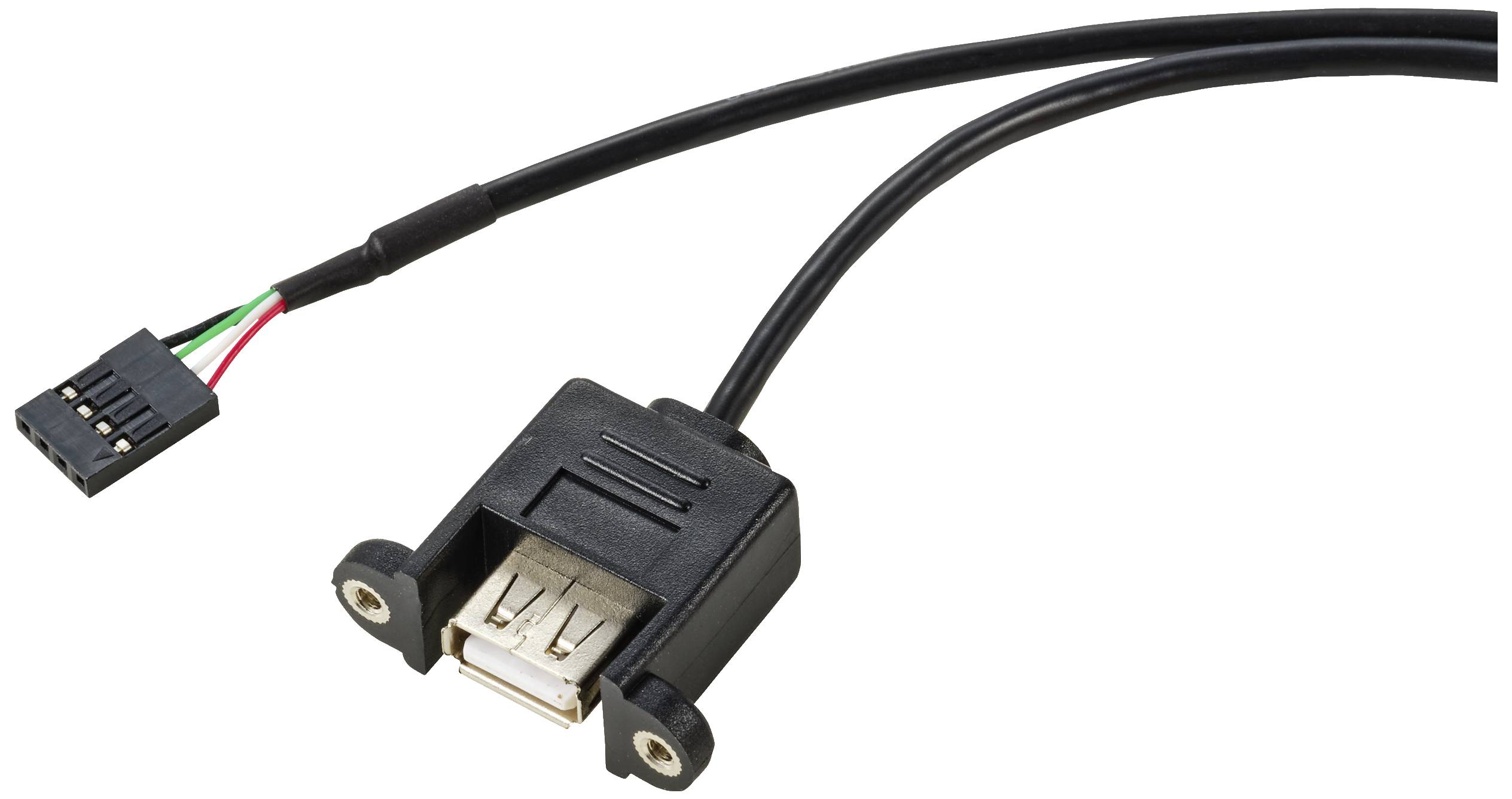 Ein USB-Adapterkabel mit schwarzem Kunststoffgehäuse und Anschlussdrähten.