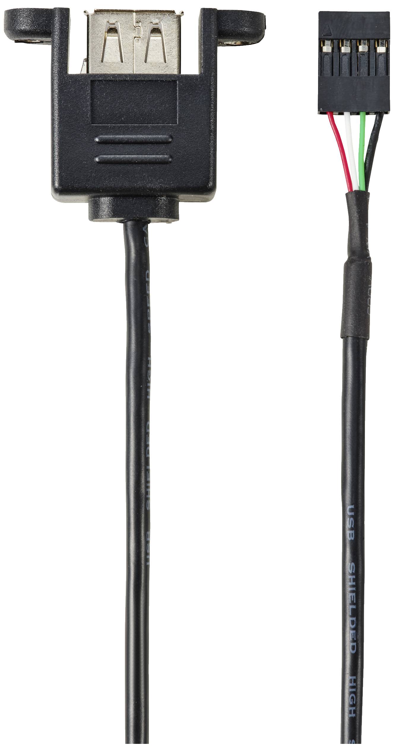 Ein USB-zu-Motherboard-Adapterkabel mit USB-Buchse links und vierpoligem Stecker rechts, Kabel in Schwarz.